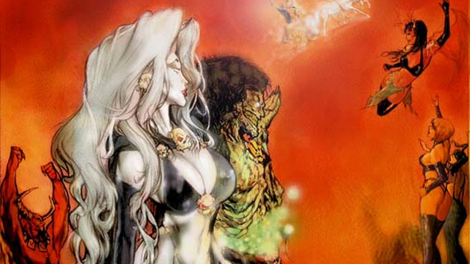 Lady Death and demonic figures in a fiery landscape HD Wallpaper