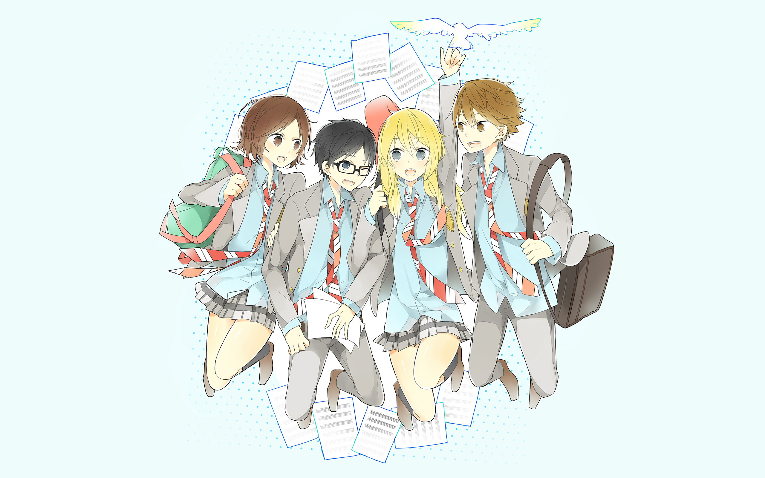 Four students jumping with papers and a bird HD Wallpaper