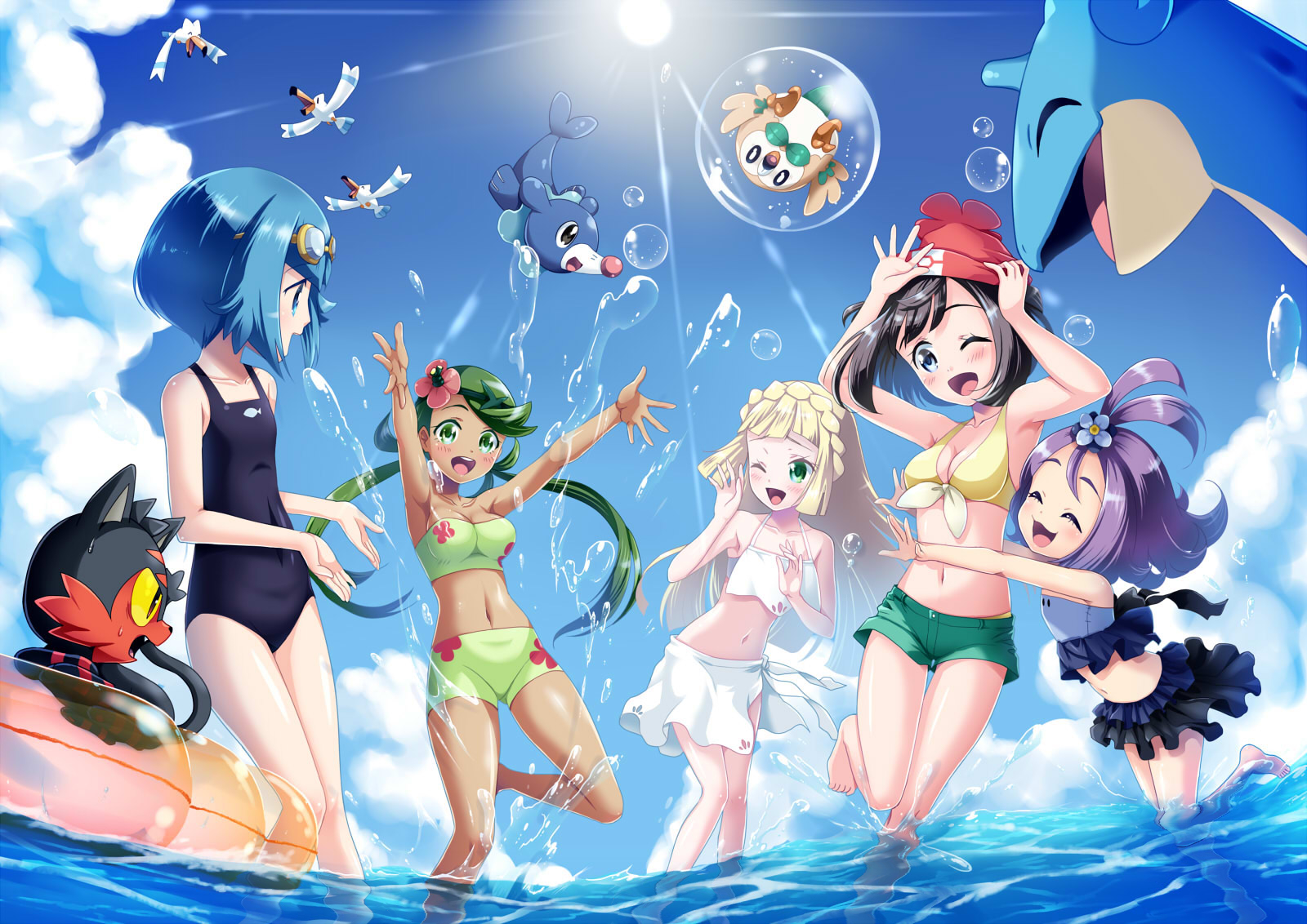 Pokemon characters and Pokemon at the beach HD Wallpaper