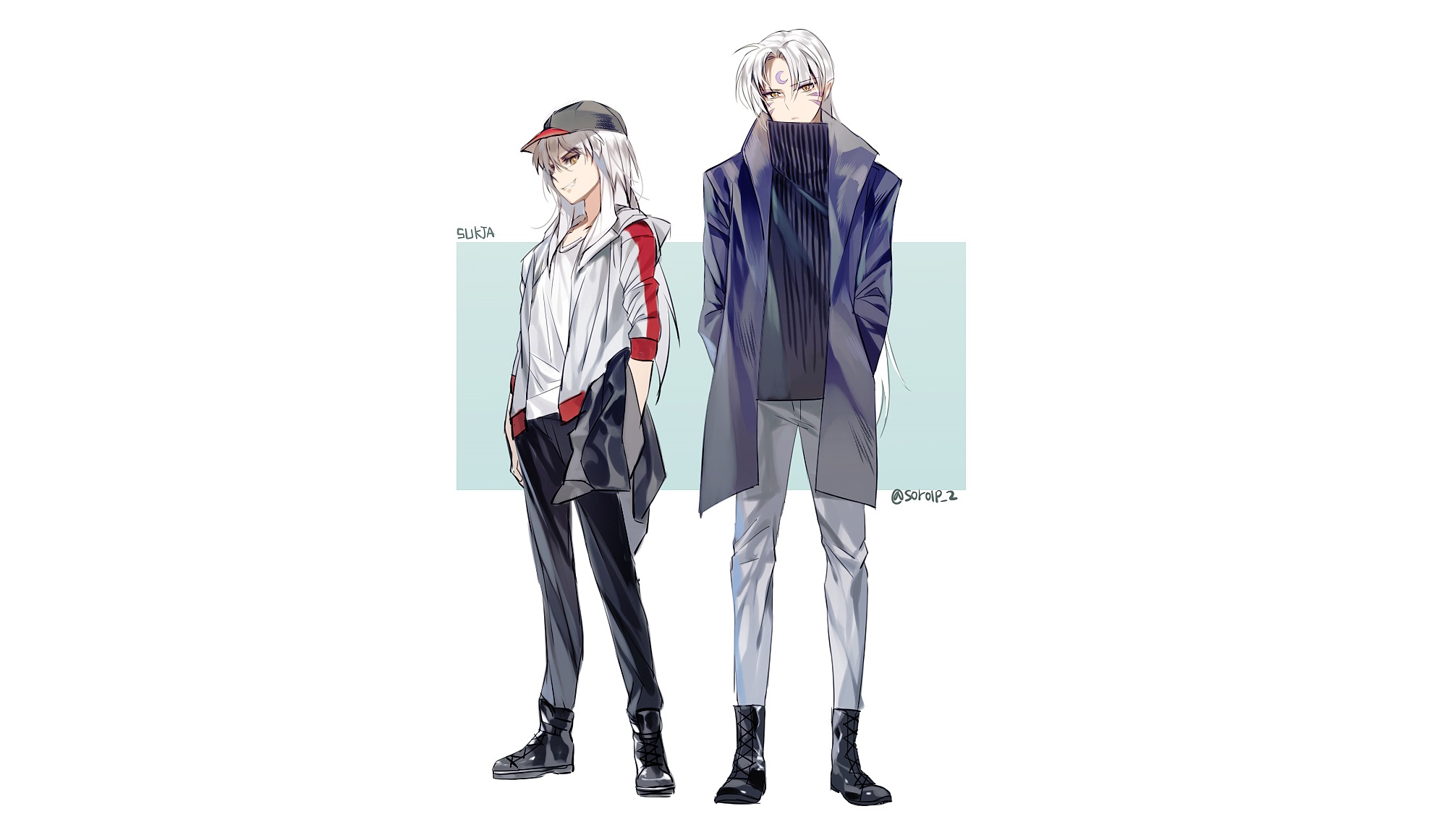 Two men with white hair, one wearing a tracksuit and cap, the other a trench coat HD Wallpaper