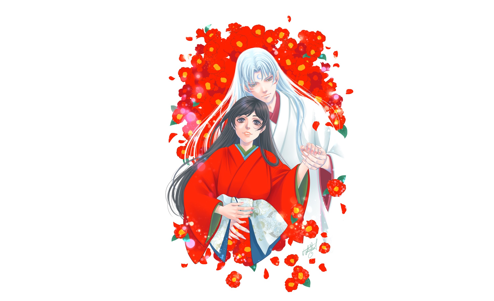 Sesshomaru and Rin from InuYasha surrounded by flowers HD Wallpaper