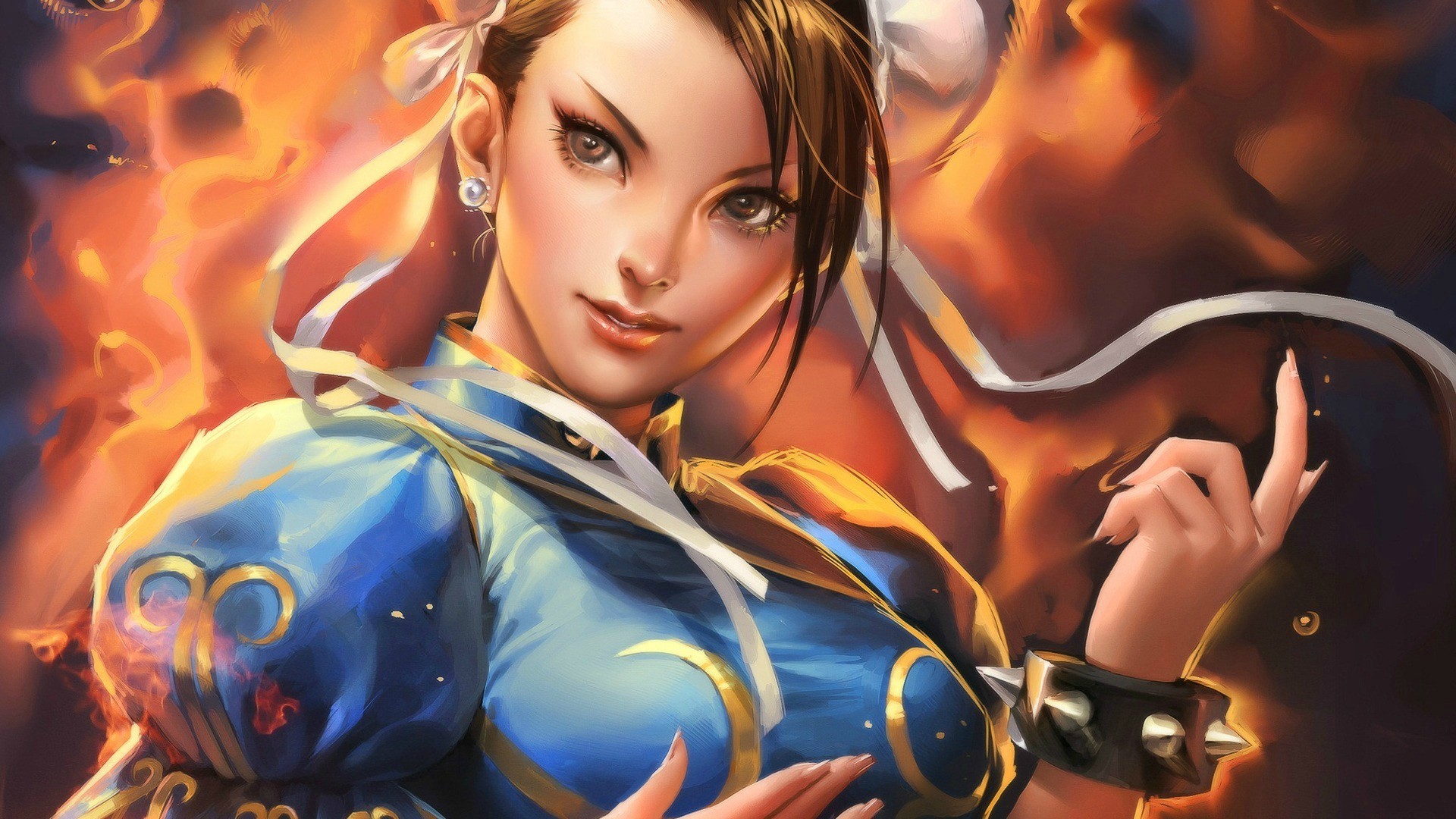 Chun-Li from Street Fighter with fire background HD Wallpaper