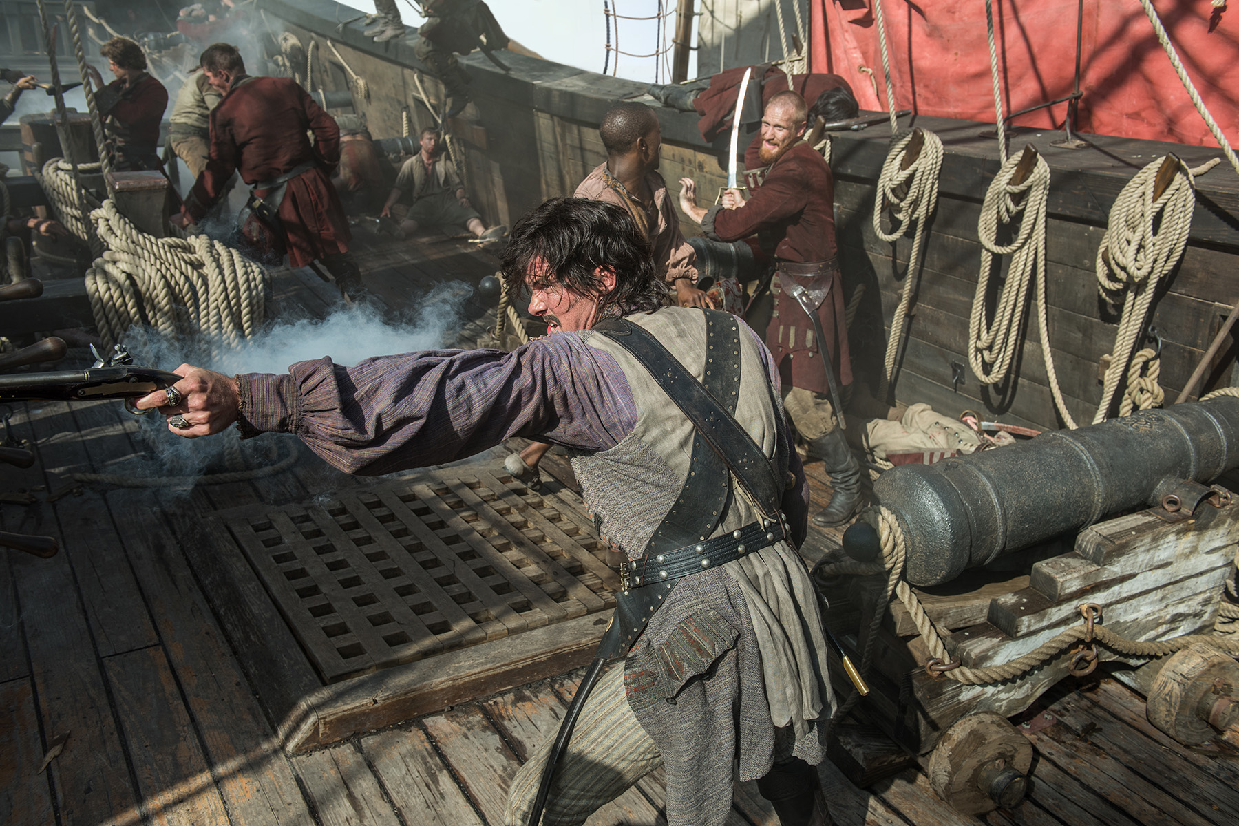 Jack Rackham firing a pistol on a ship HD Wallpaper
