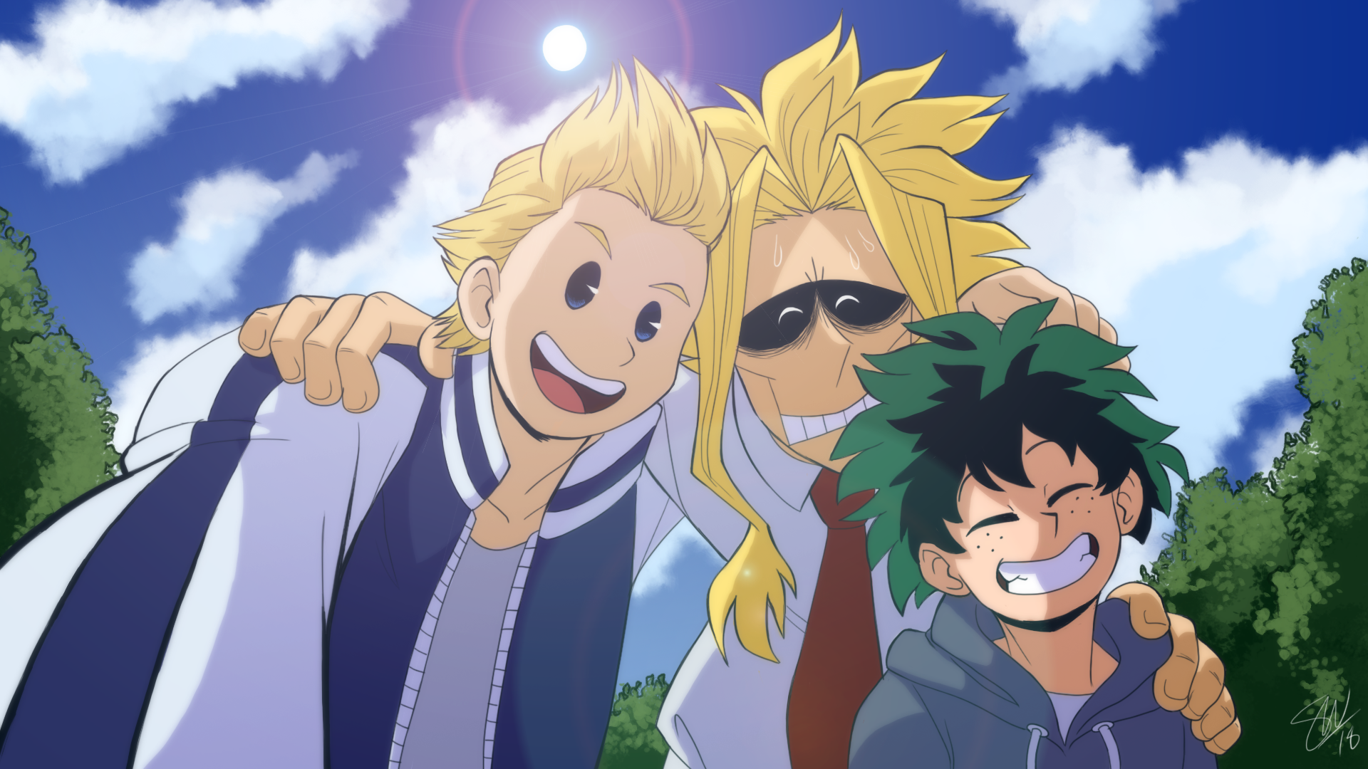 Mirio Togata, All Might, and Izuku Midoriya from My Hero Academia HD Wallpaper
