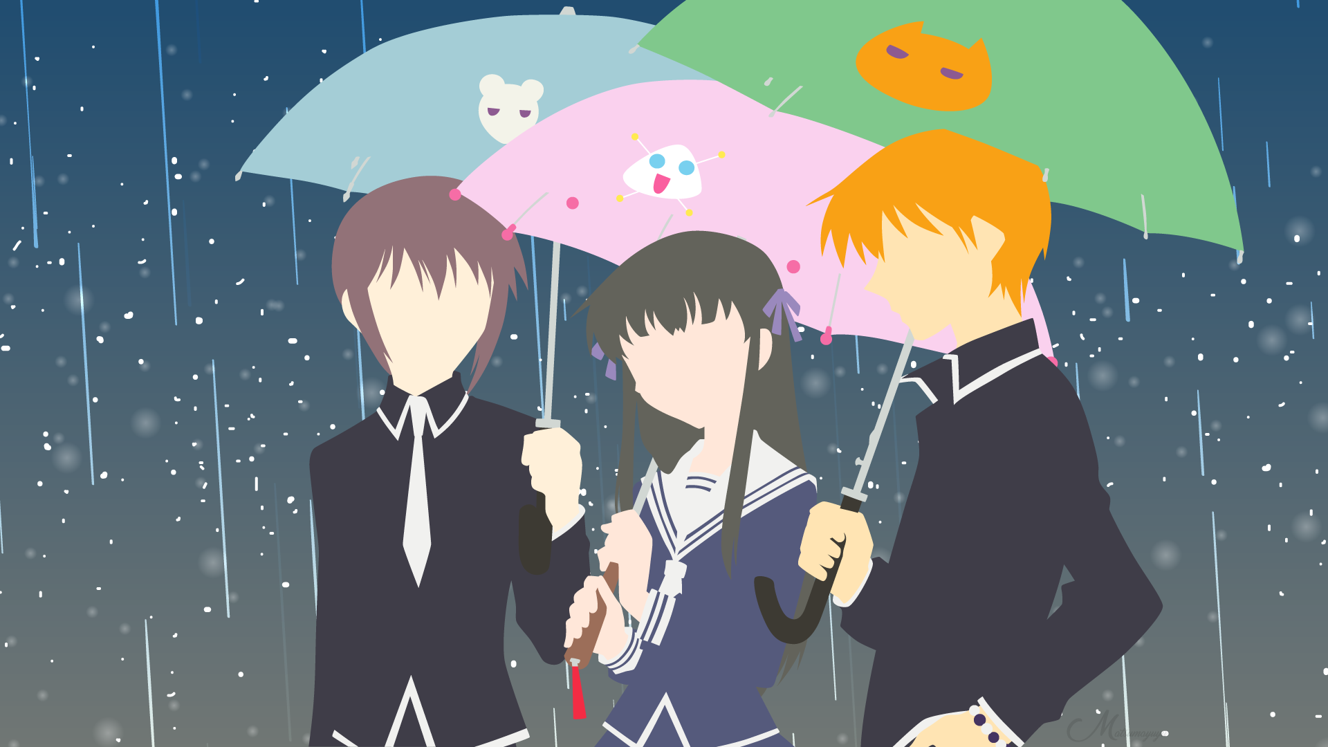 Kyo Sohma and friends under umbrellas in the rain HD Wallpaper