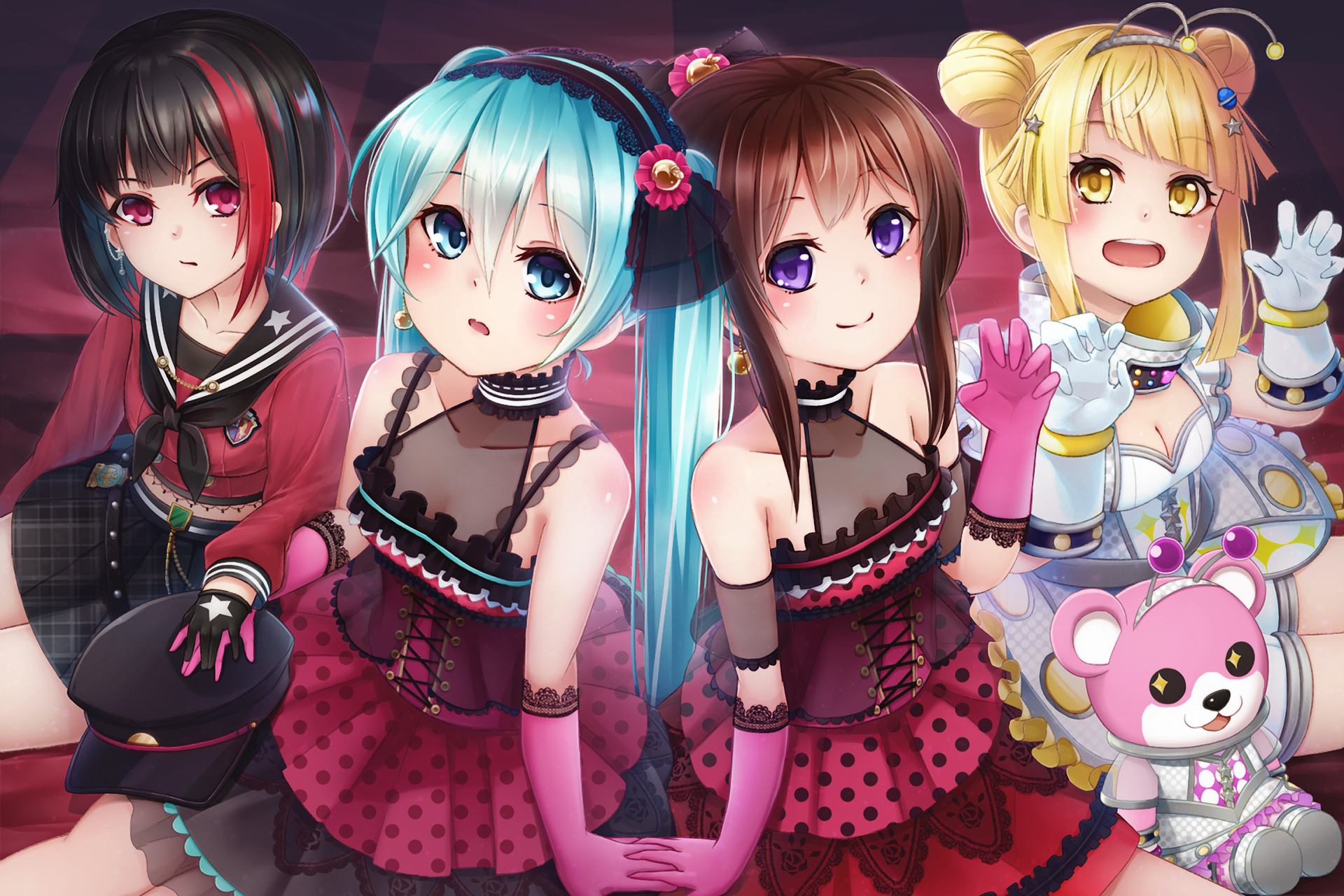 Four anime girls in gothic lolita outfits HD Wallpaper