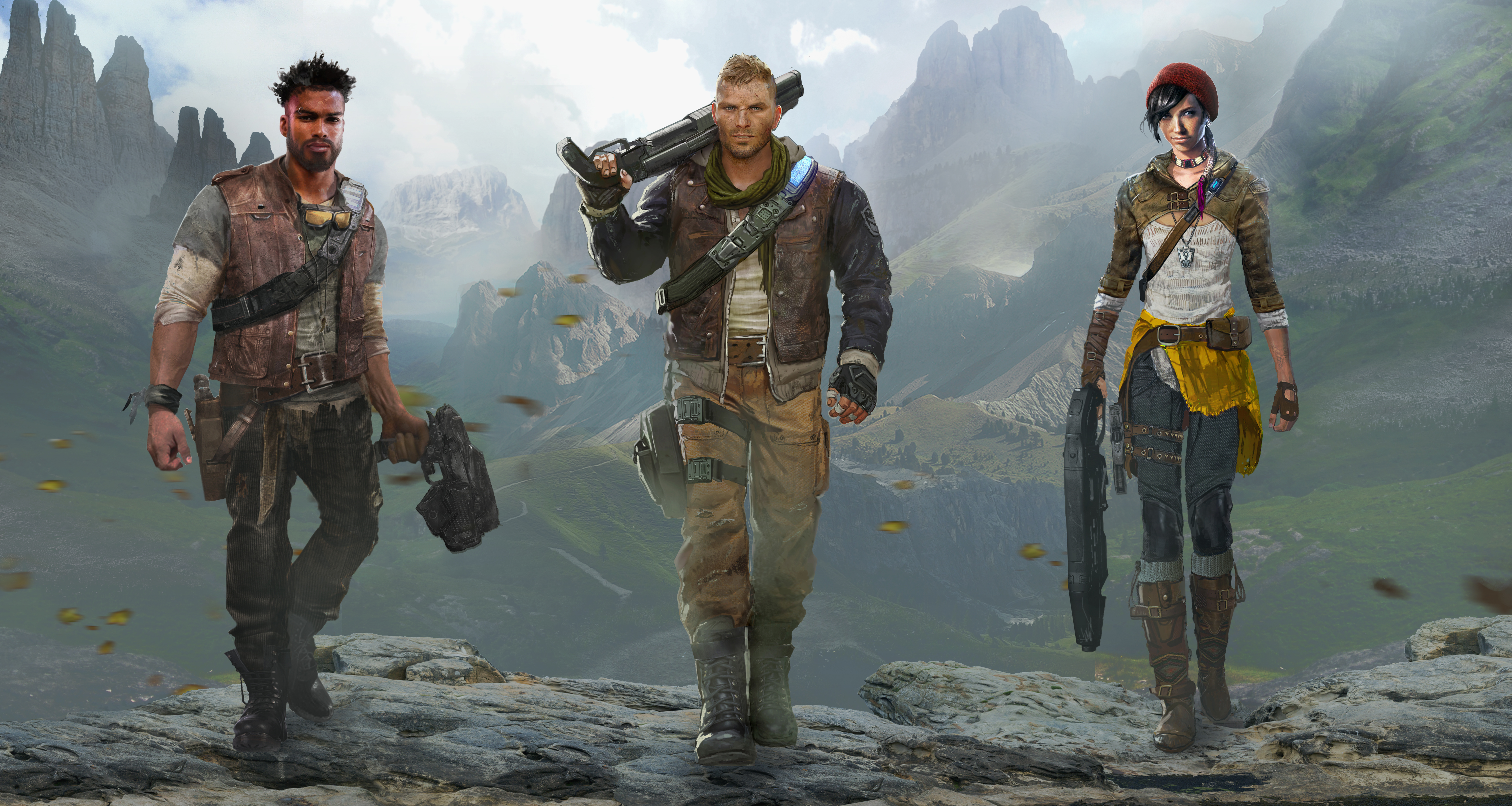 Three characters in a mountainous landscape HD Wallpaper