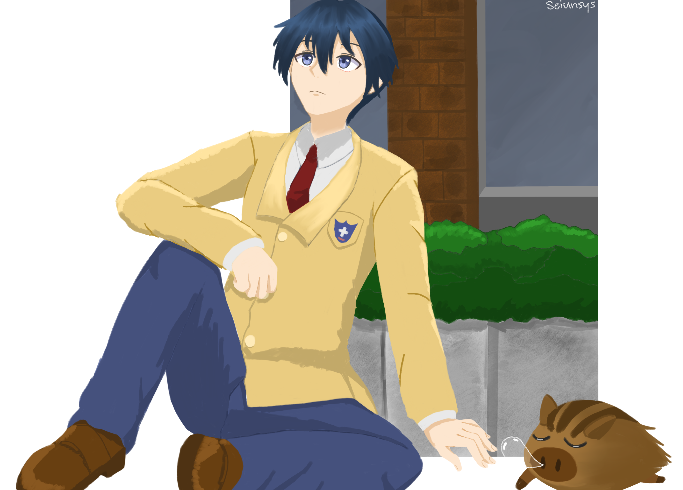 Anime boy in school uniform with a boar HD Wallpaper