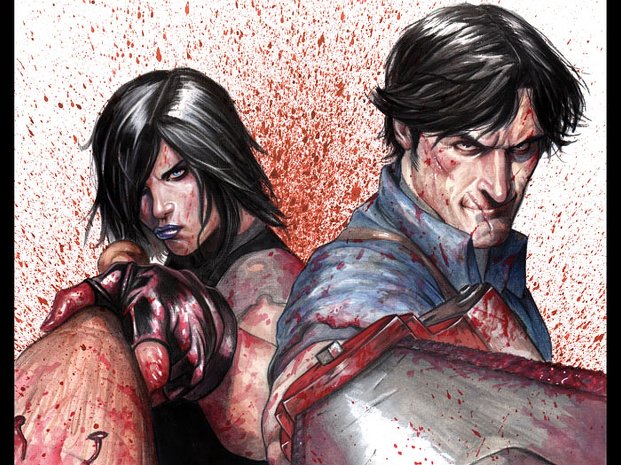 Ash Williams and female character covered in blood HD Wallpaper