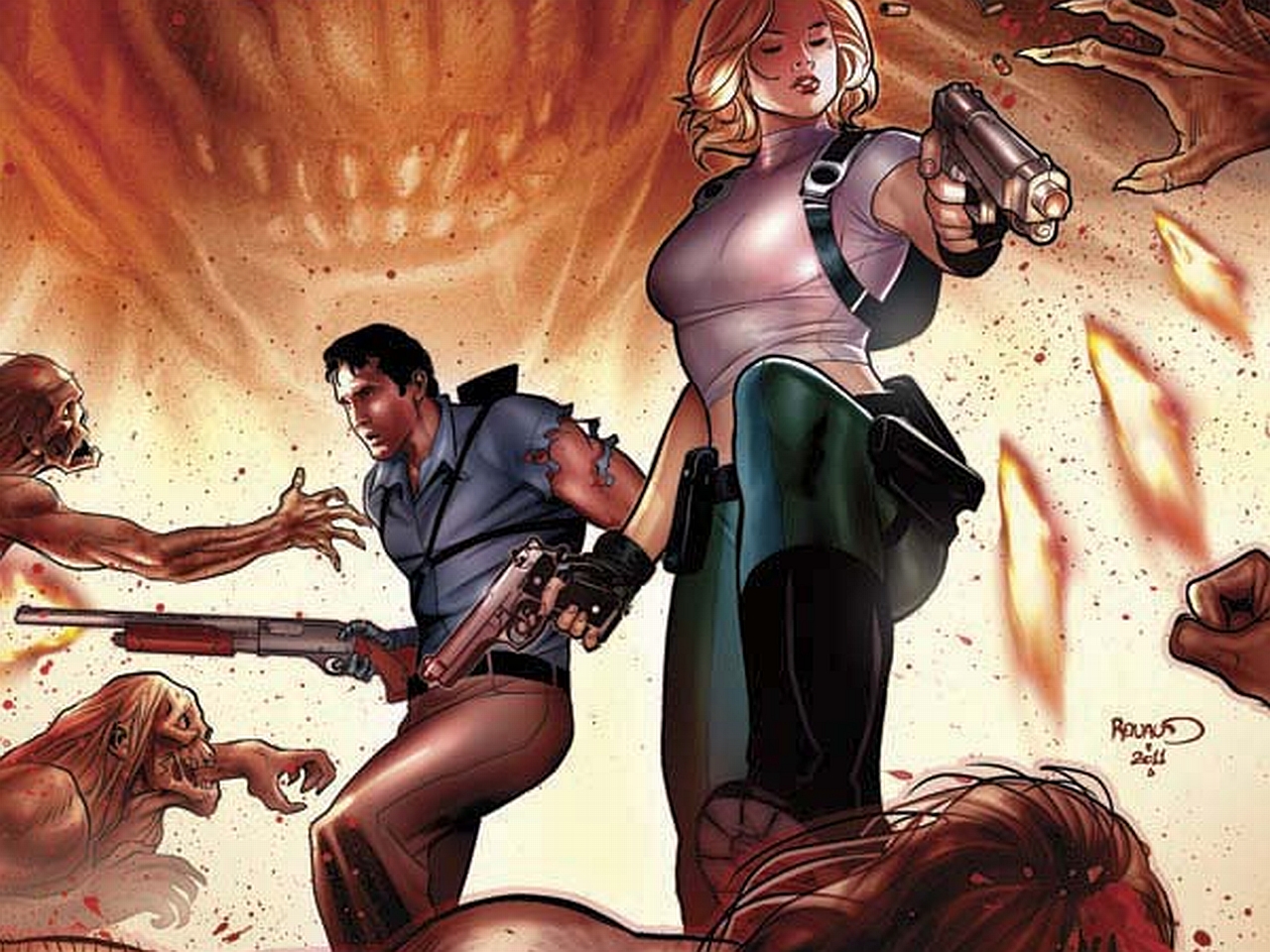 Ash Williams and a woman fighting zombies HD Wallpaper