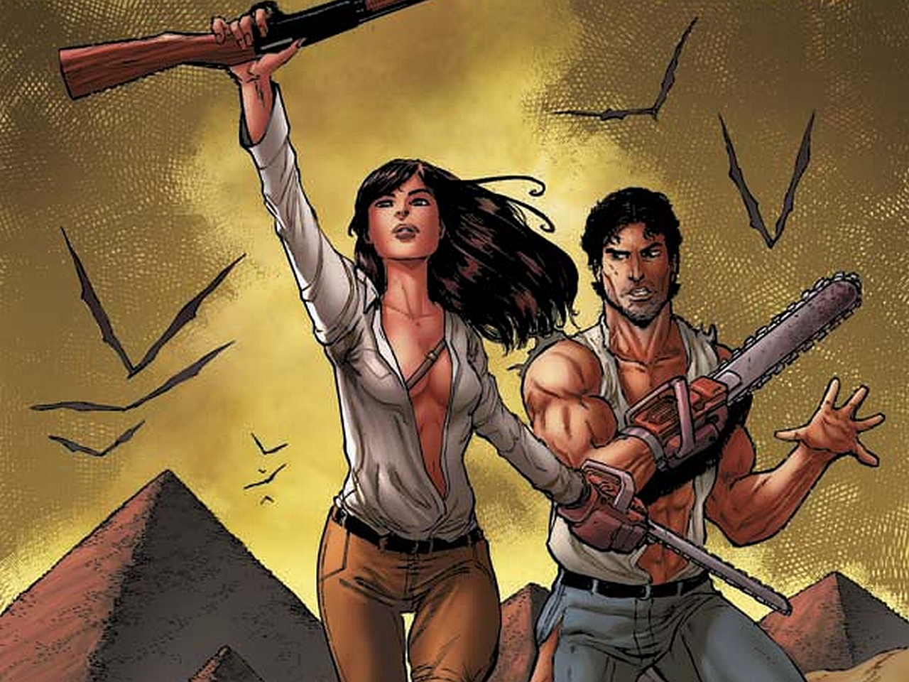 Ash Williams and woman with guns in Egypt HD Wallpaper
