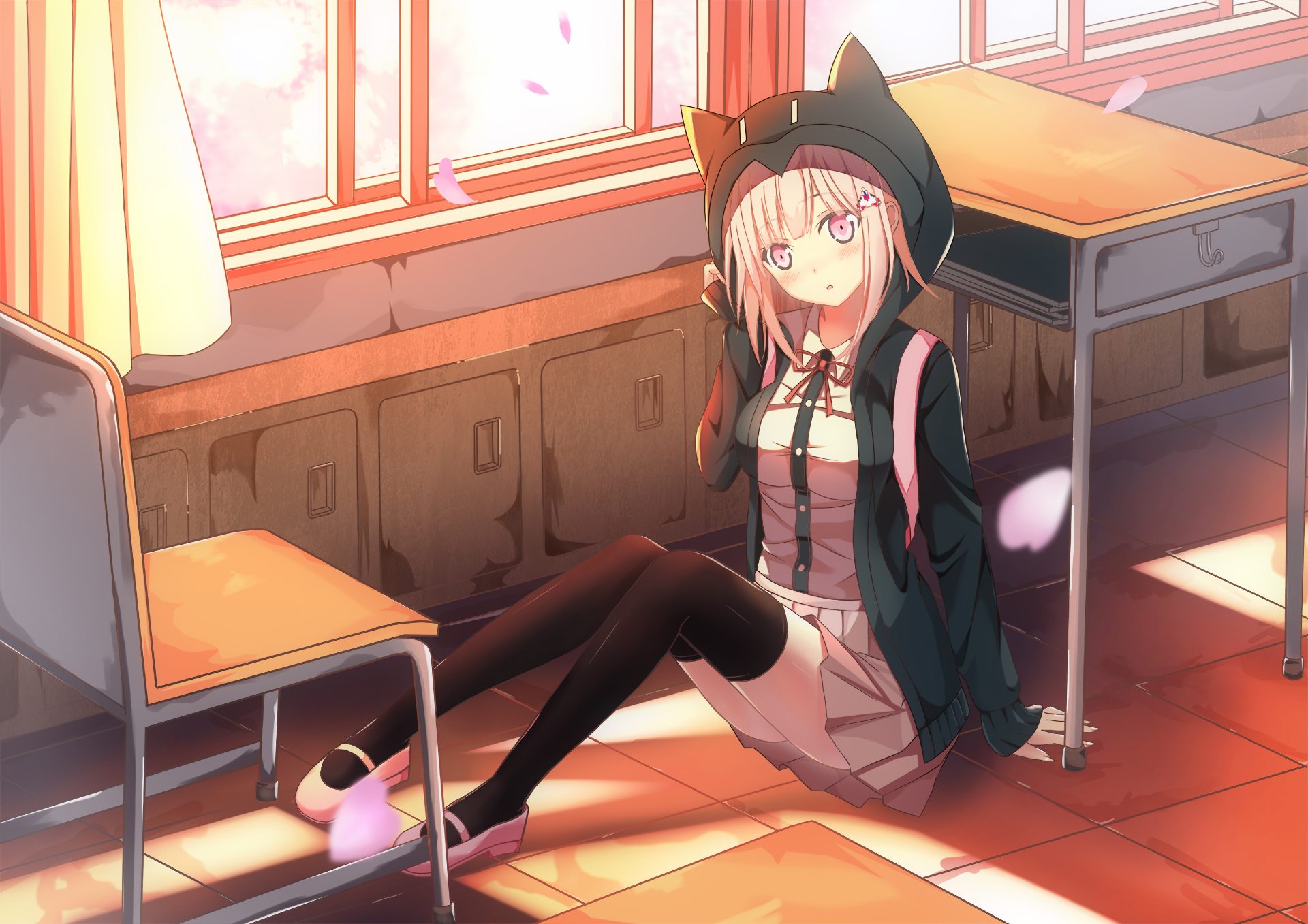 Chiaki Nanami in classroom with cherry blossoms HD Wallpaper