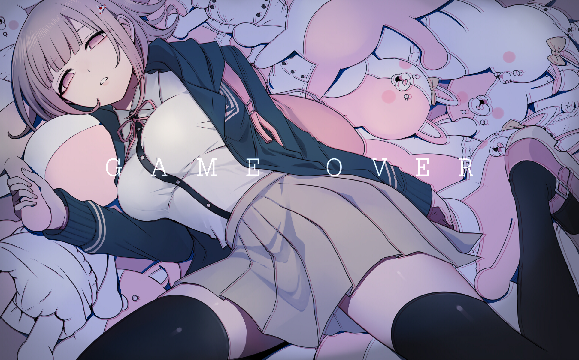Chiaki Nanami from Danganronpa lying on plush toys HD Wallpaper