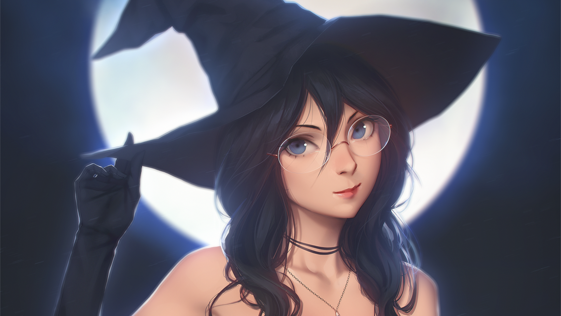 Anime witch girl with glasses and moon HD Wallpaper