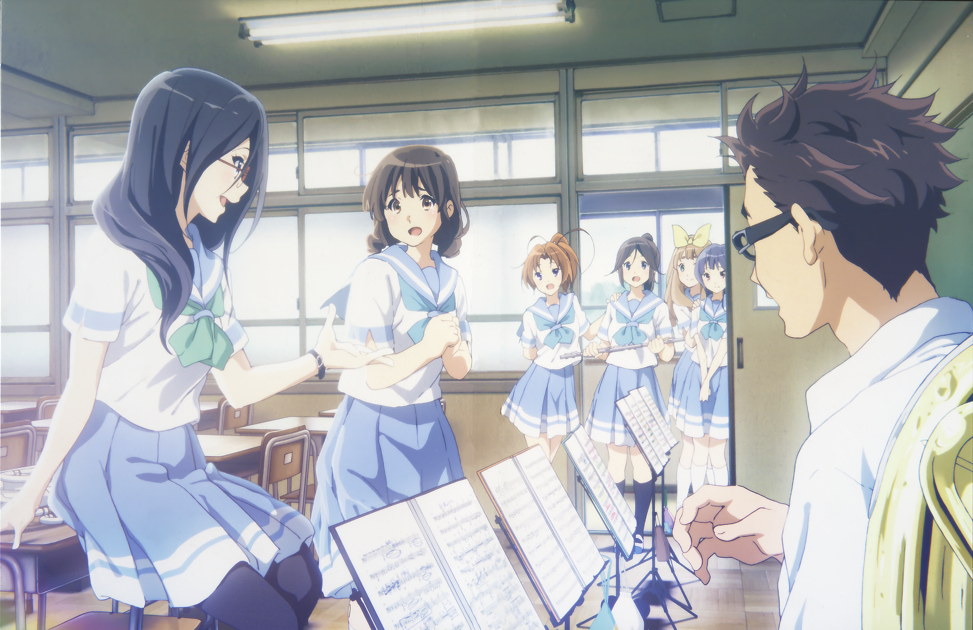 Asuka Tanaka and friends in a classroom HD Wallpaper
