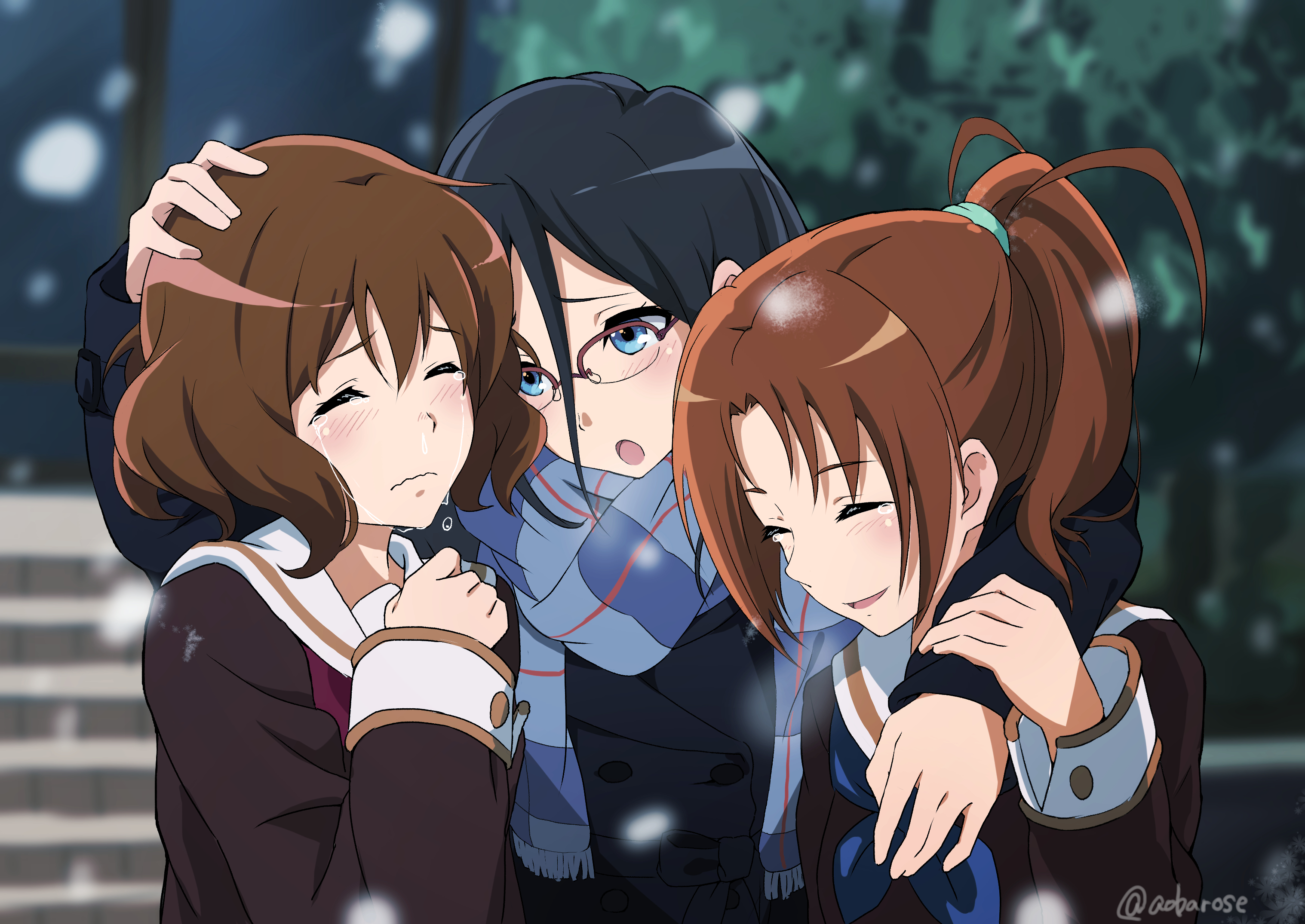 Three girls embracing in the snow HD Wallpaper