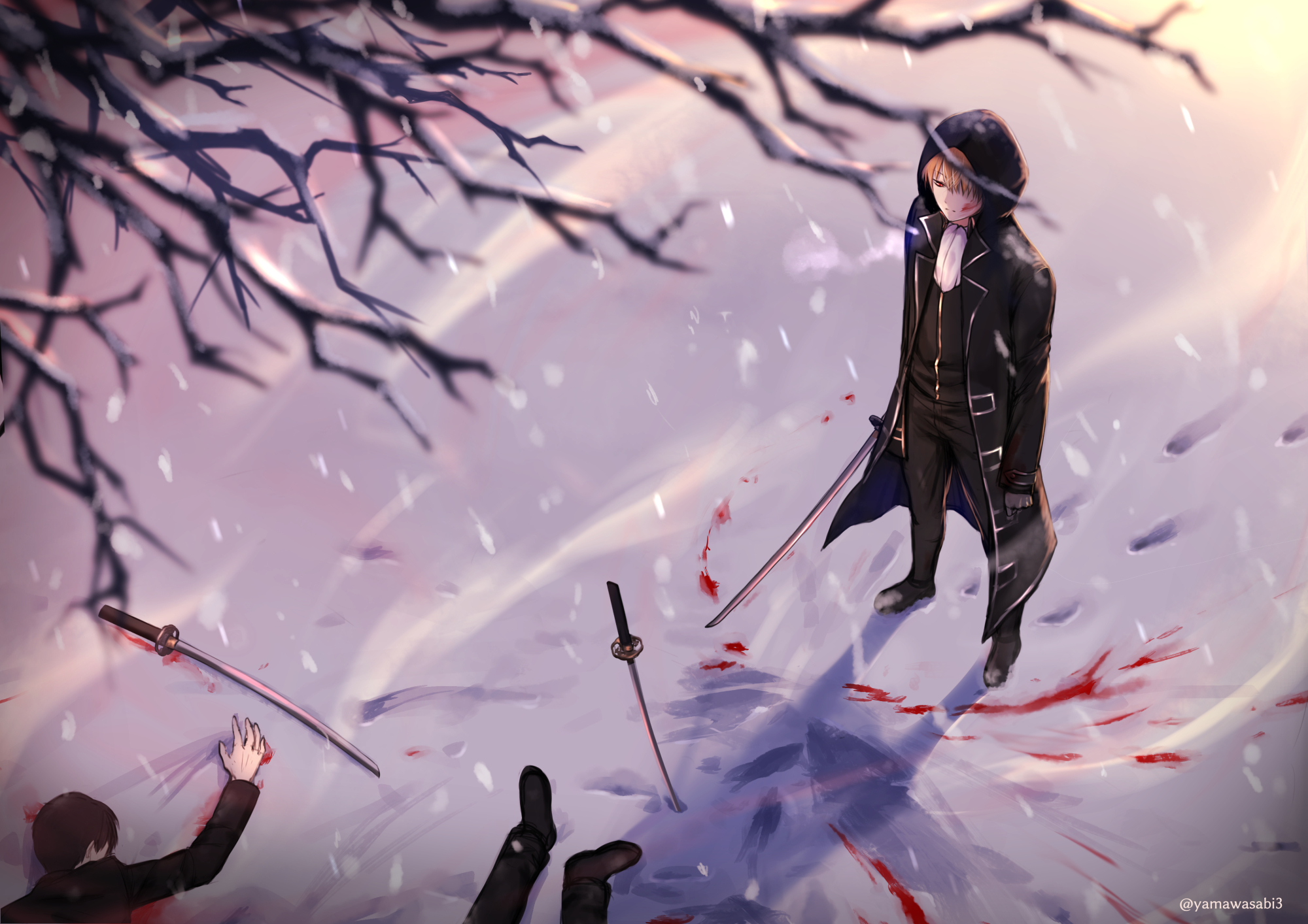 Okita Sougo in a snowy battle with blood HD Wallpaper