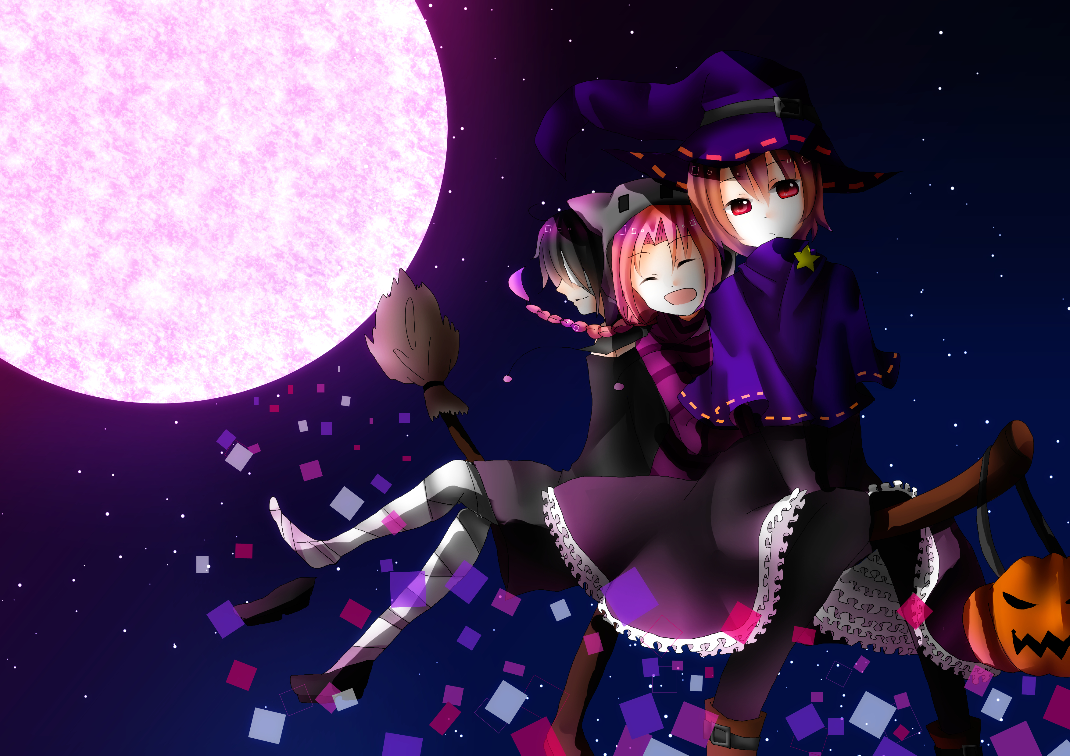 Three witches flying on a broomstick under a large moon HD Wallpaper