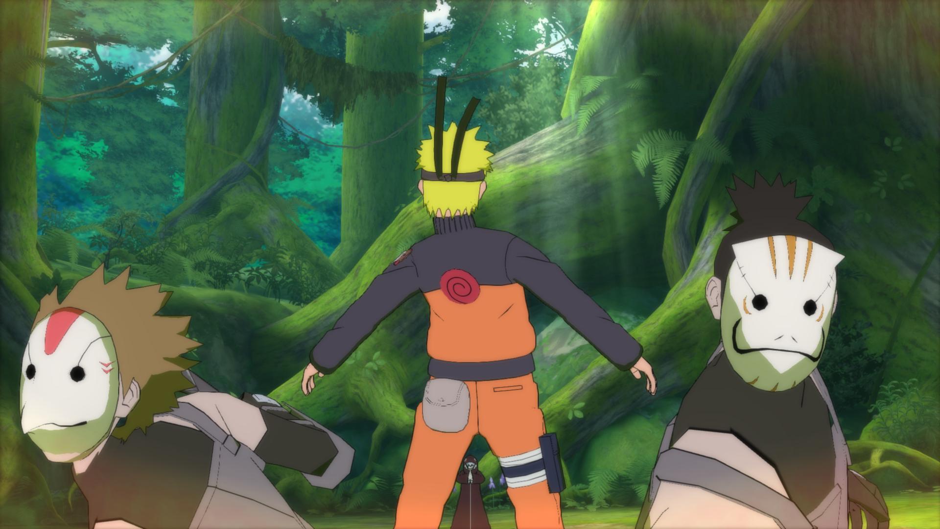 Naruto and masked shinobi in a forest HD Wallpaper