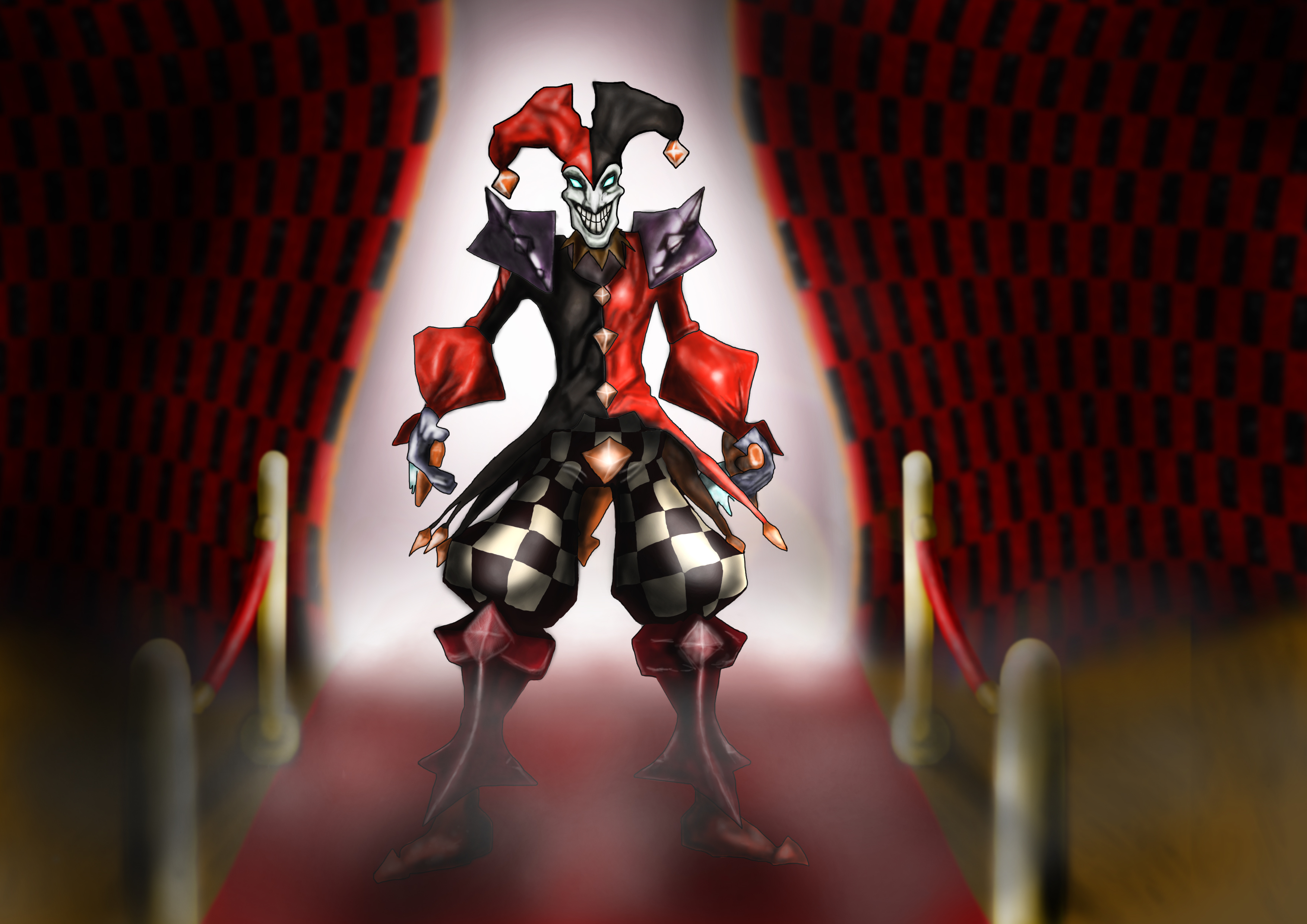 Shaco from League of Legends on a red carpet HD Wallpaper