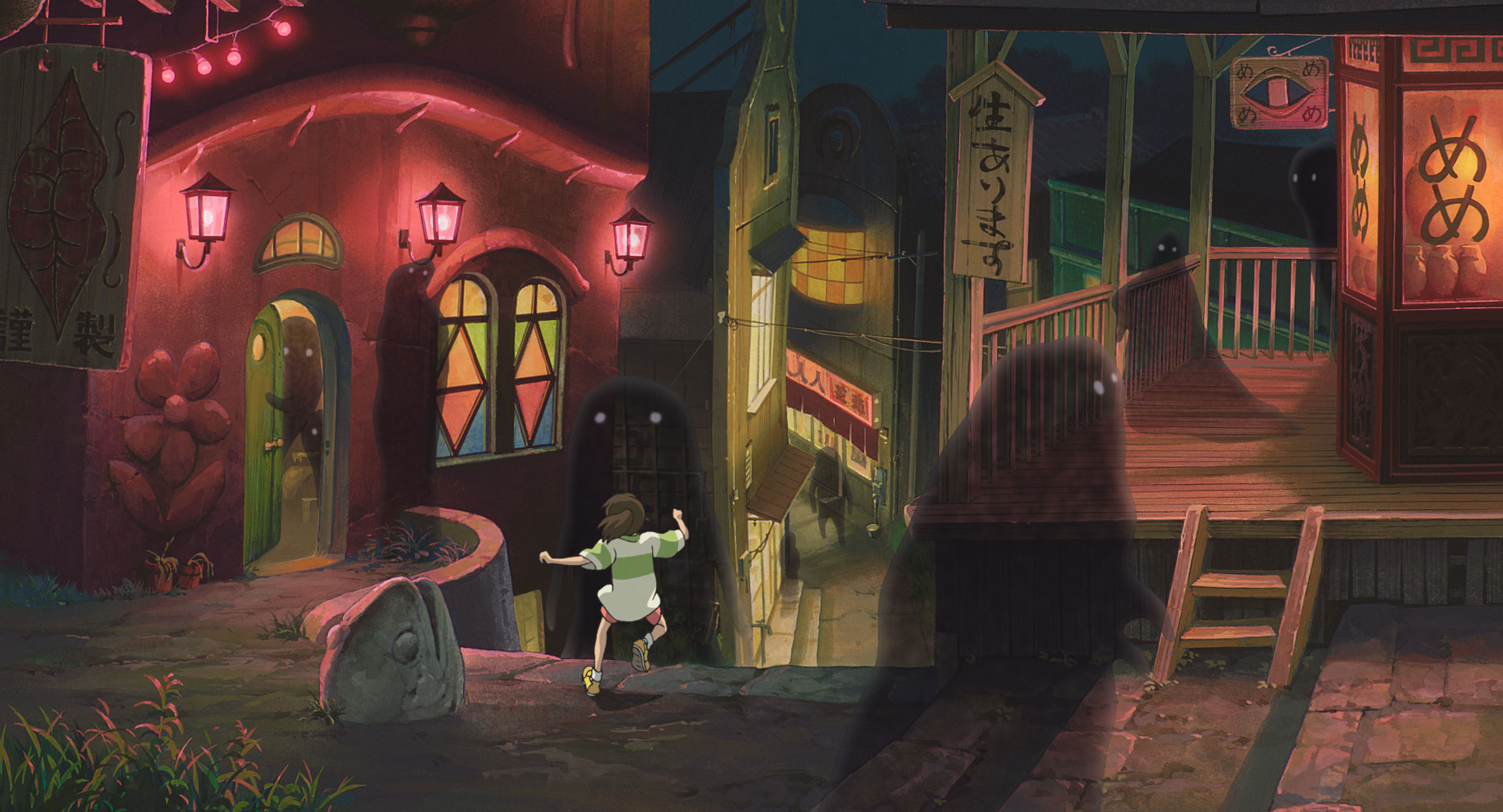 Chihiro running through a spirit town at night HD Wallpaper