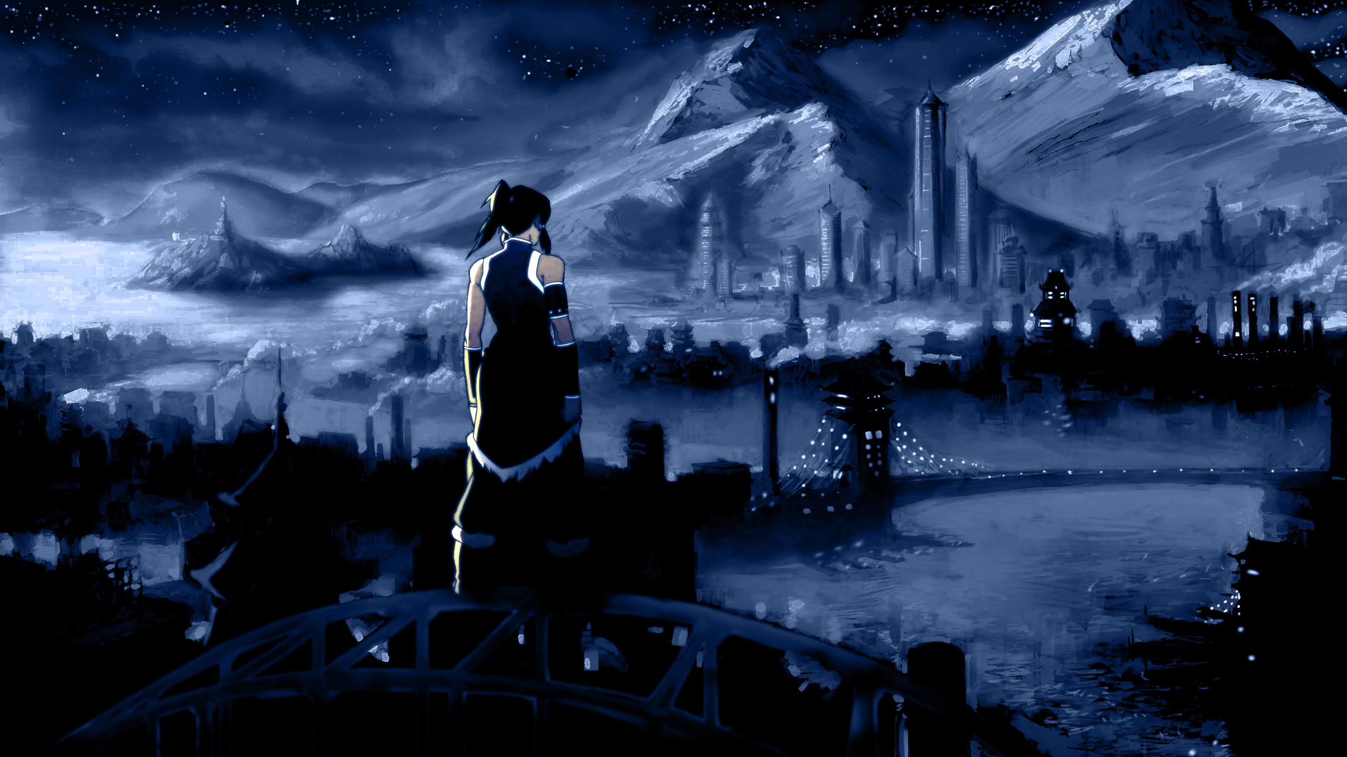 Korra overlooking a futuristic city at night HD Wallpaper