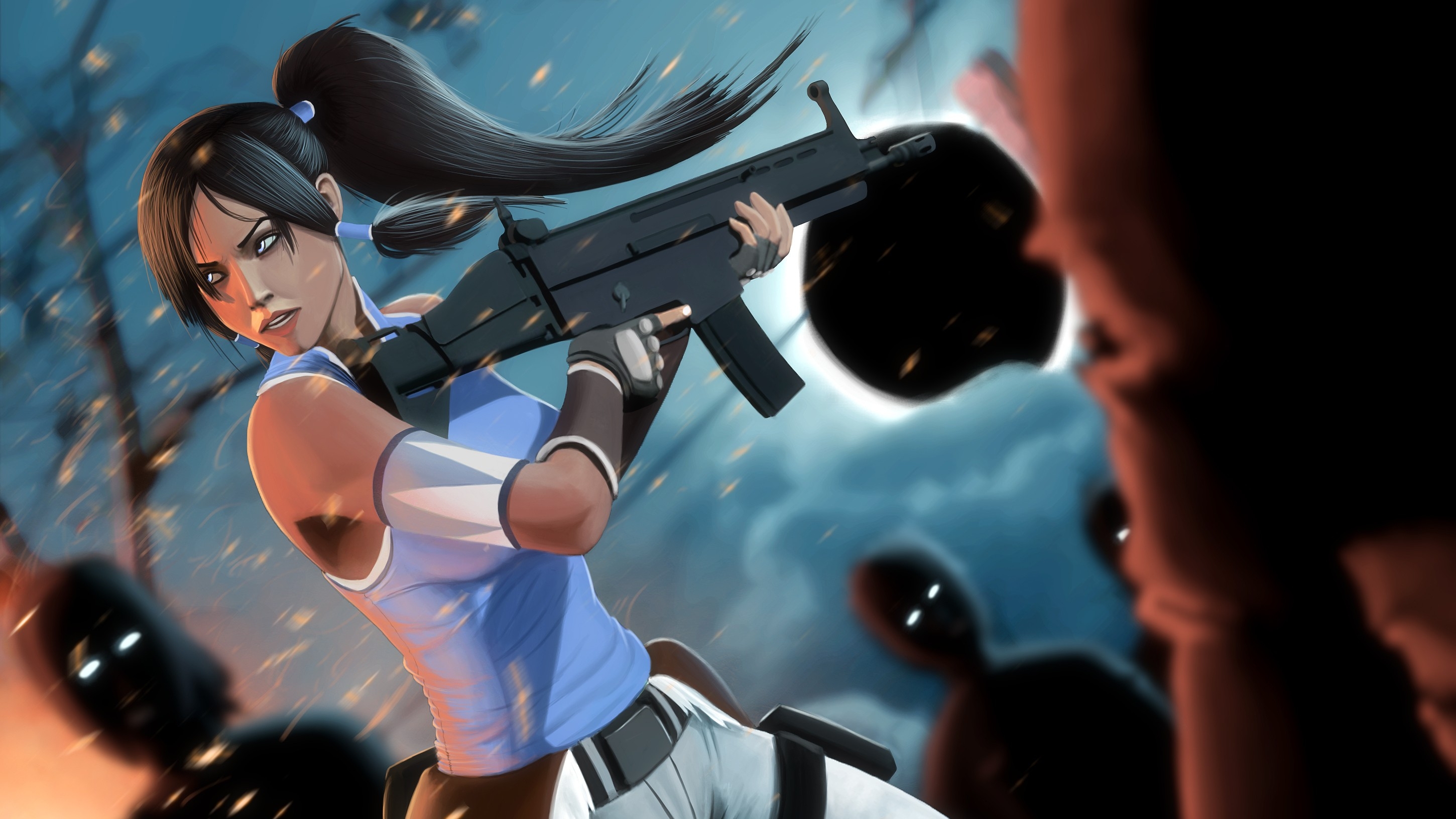 Korra with a rifle fighting shadowy figures HD Wallpaper