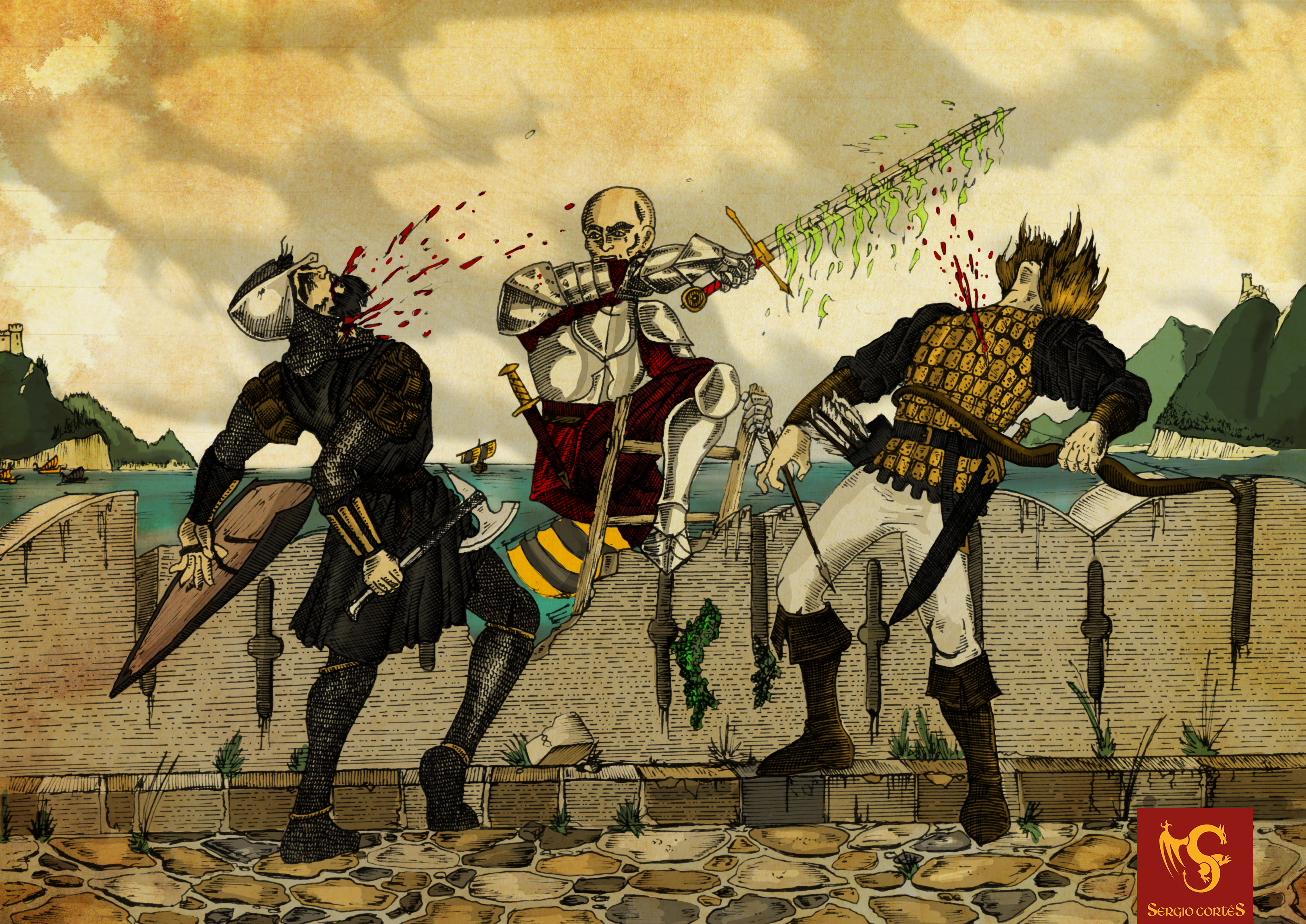 Skeleton warrior fighting two men by the sea HD Wallpaper