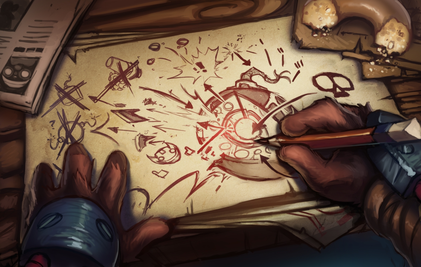 Ziggs from League of Legends sketching bomb designs HD Wallpaper