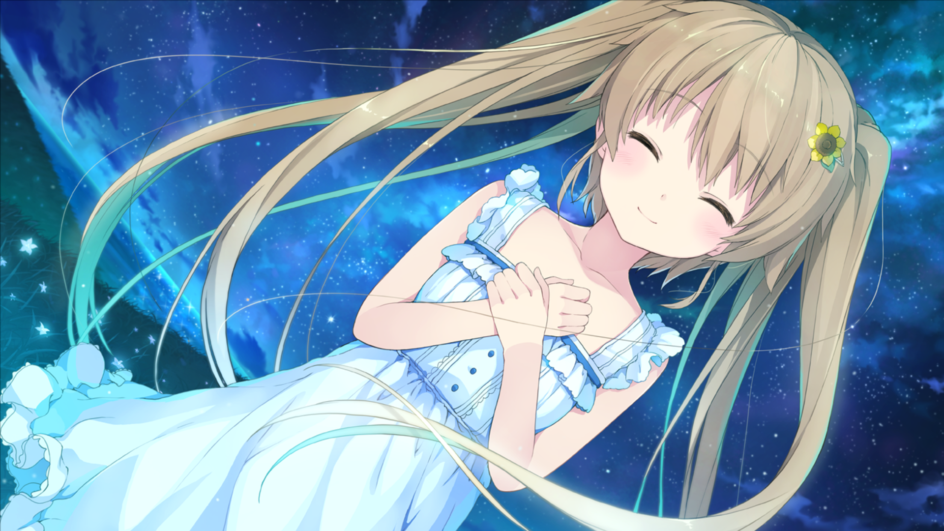 Mashiro Arisaka in a blue dress against a starry sky HD Wallpaper