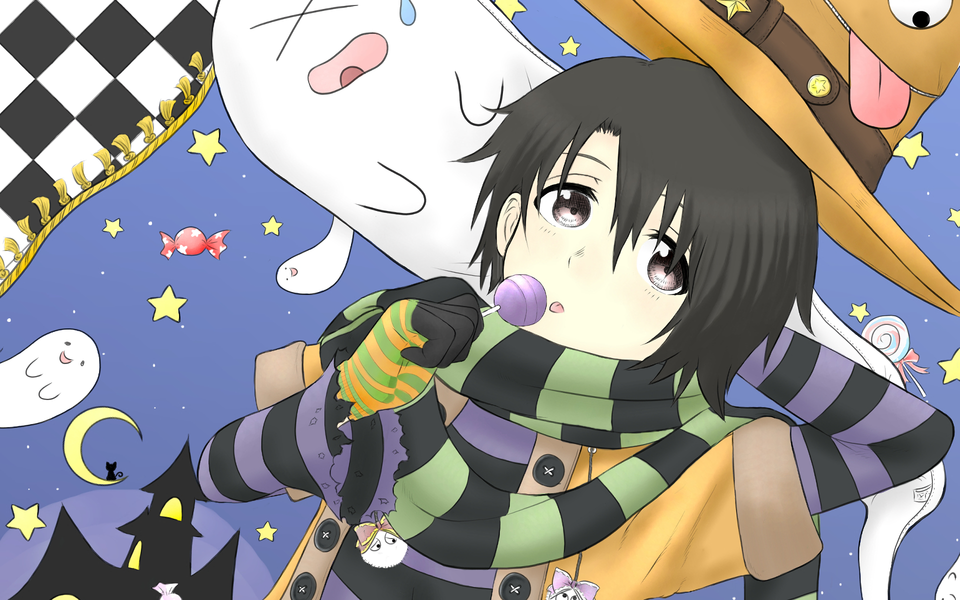 Anime girl with ghosts and candy HD Wallpaper