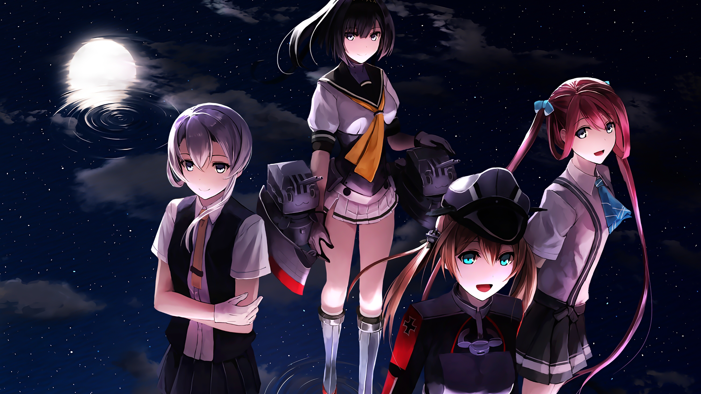 Four anime girls in sailor uniforms at night HD Wallpaper