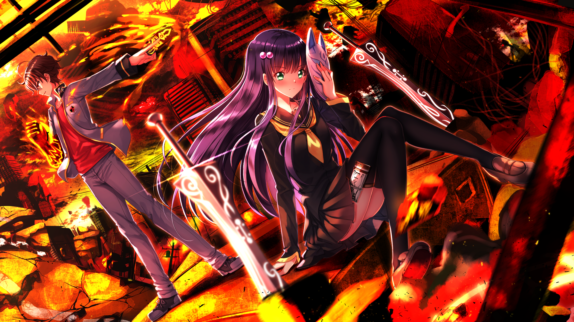 Benio Adashino with a male companion in a fiery setting HD Wallpaper