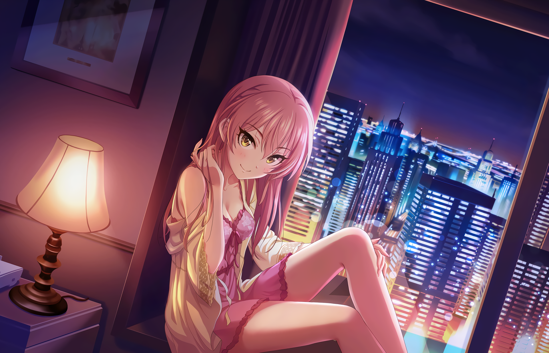 Mika Jougasaki sitting by the window at night HD Wallpaper
