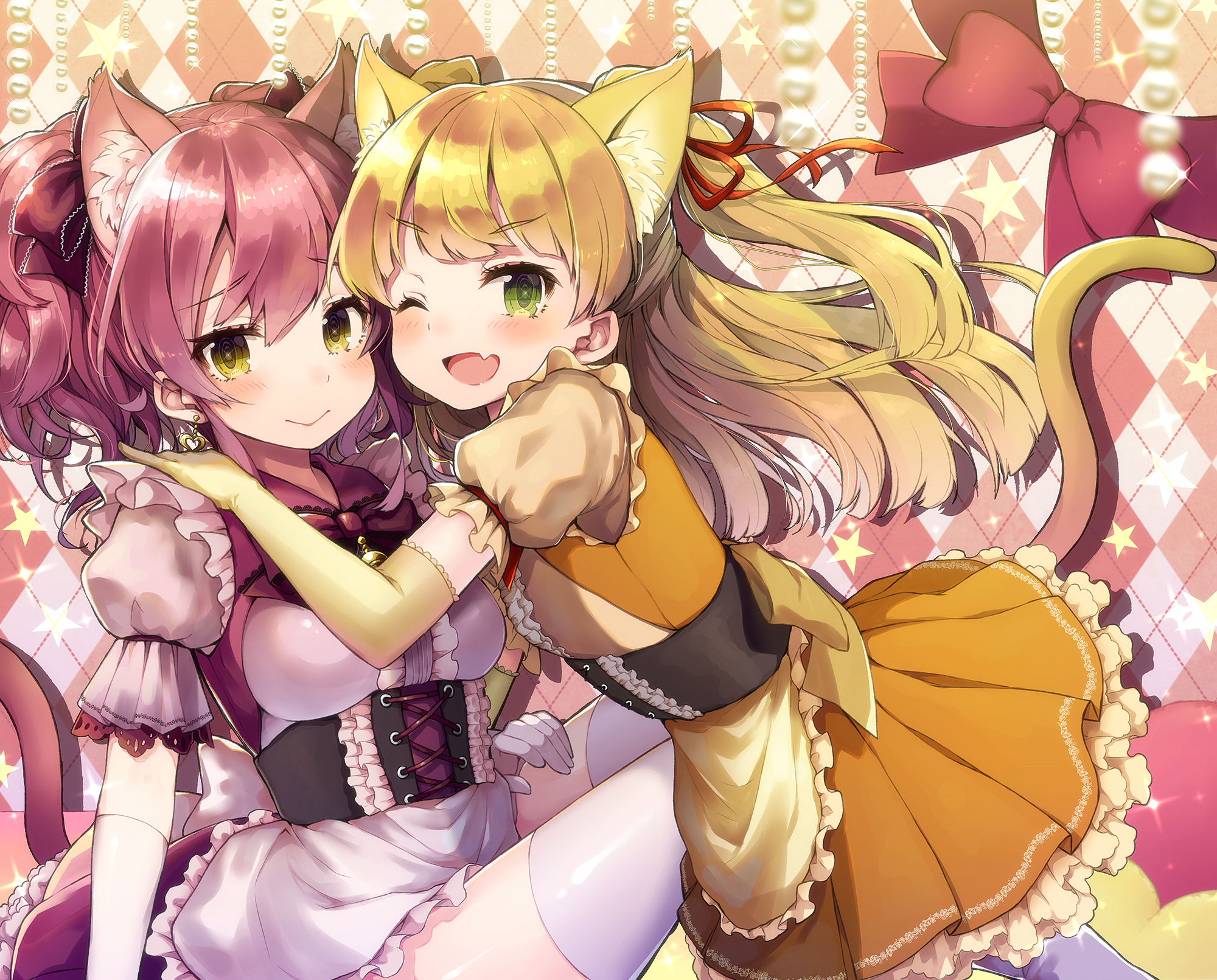 Two cat girls hugging HD Wallpaper