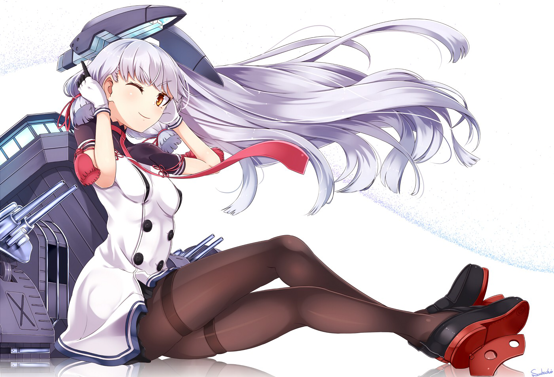 Murakumo from Kancolle sitting by ship parts HD Wallpaper