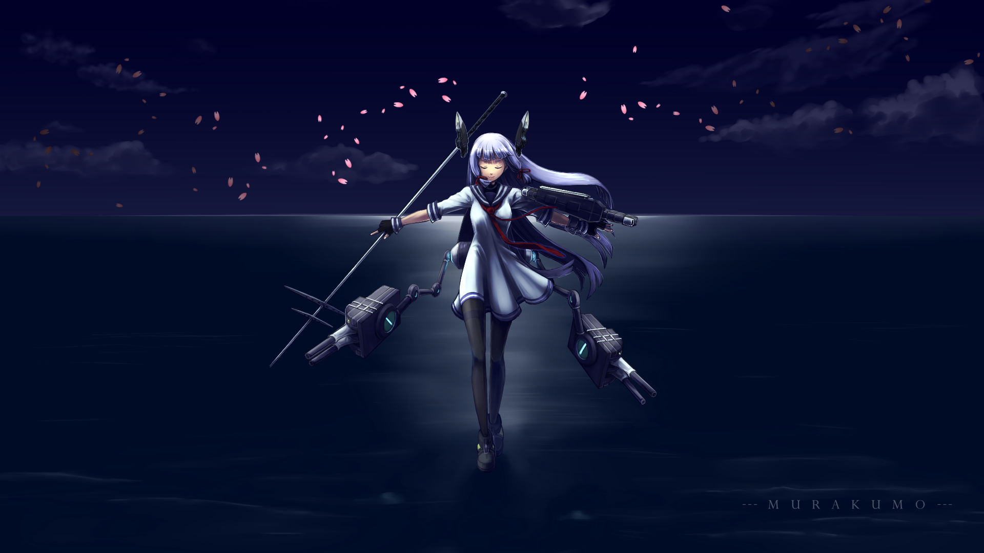 Murakumo from Kancolle standing in water at night HD Wallpaper