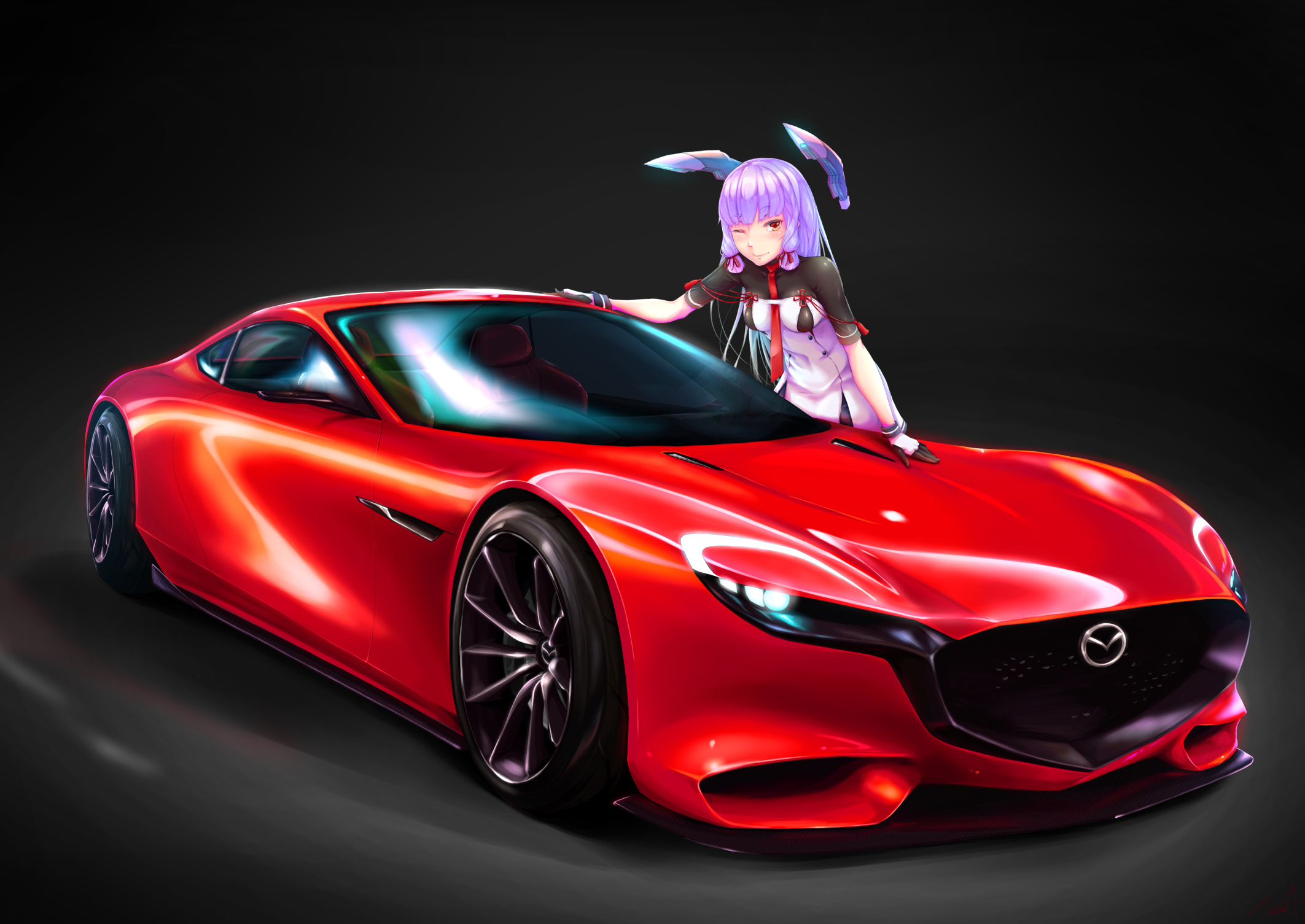 Anime girl with bunny ears leaning on a red Mazda sports car HD Wallpaper
