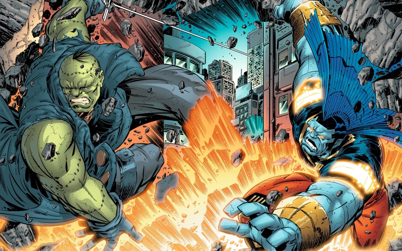 Frankenstein and Colossus fighting in a city HD Wallpaper