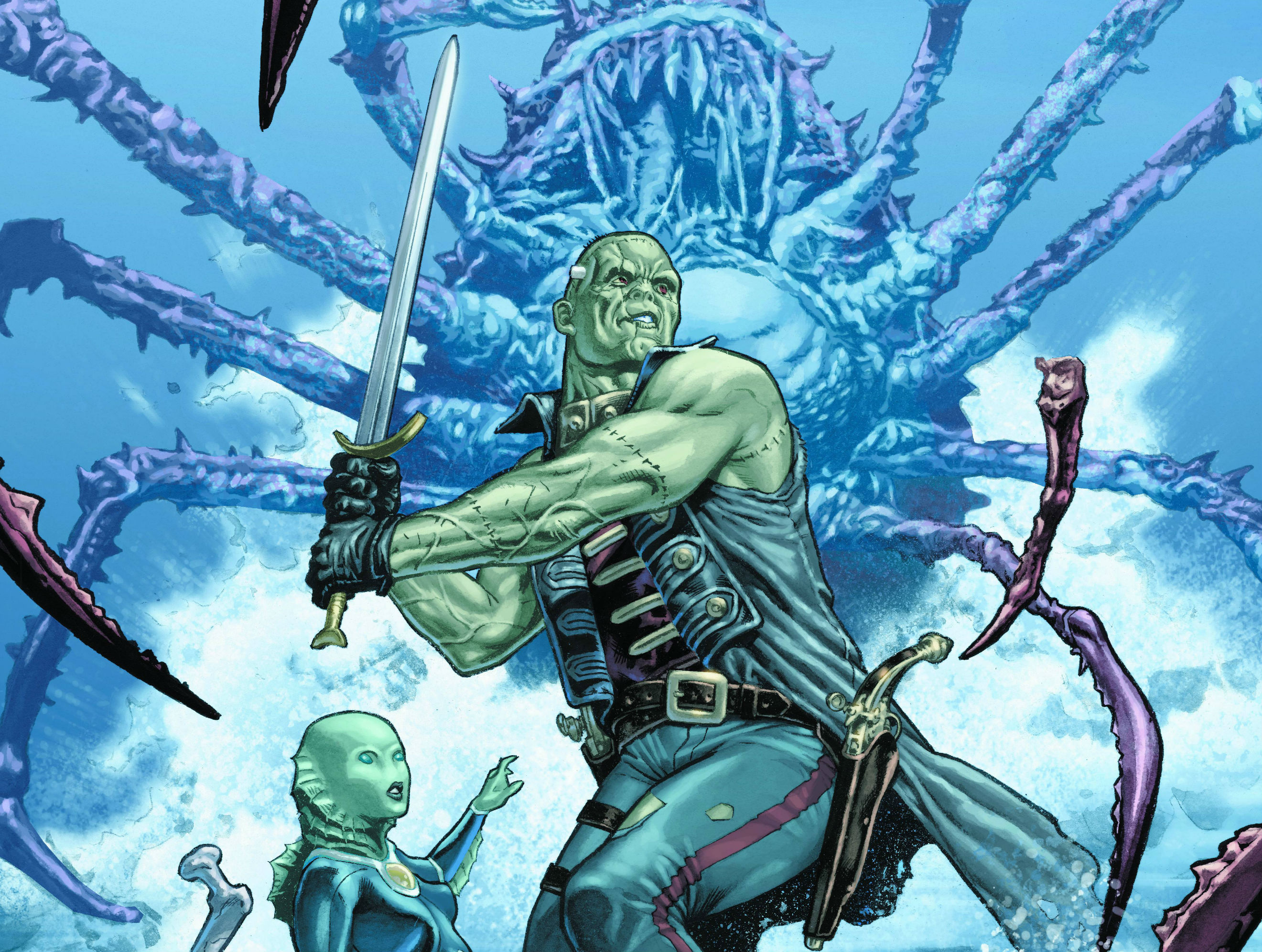 Frankenstein fighting a sea monster with a mermaid HD Wallpaper