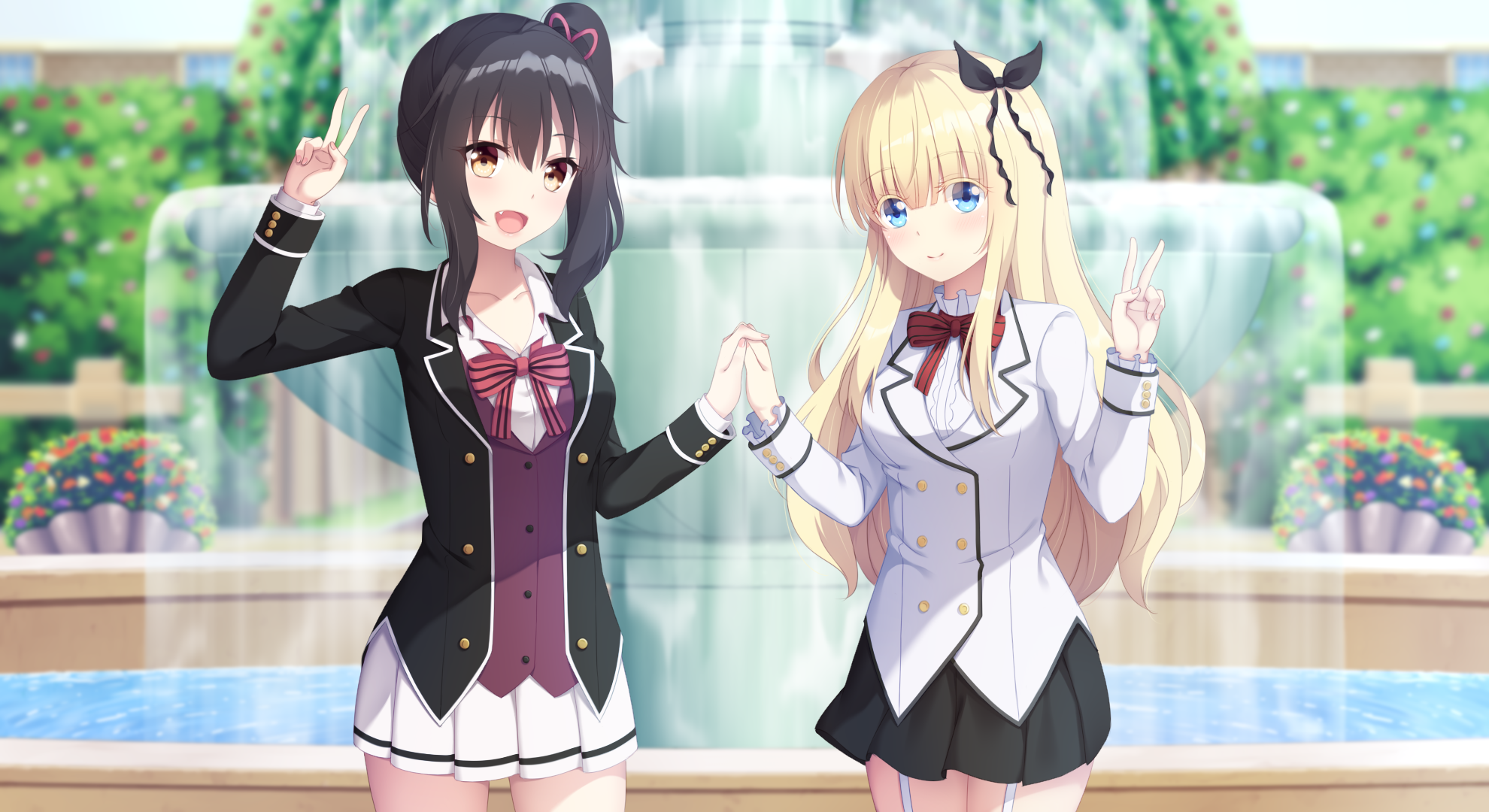 Two anime girls in school uniforms by a fountain HD Wallpaper