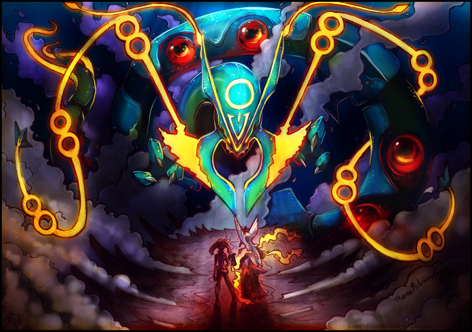 Mega Rayquaza and two trainers HD Wallpaper