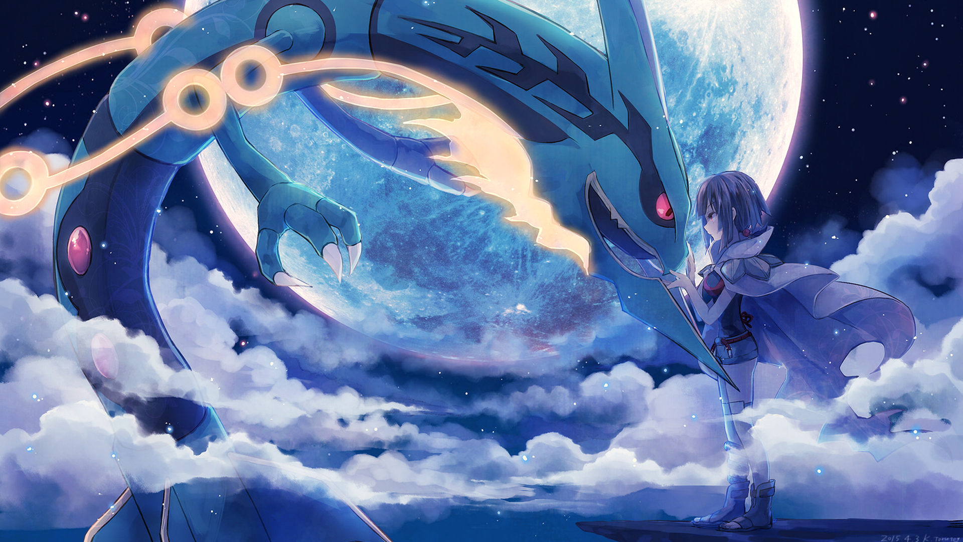 Rayquaza and a girl under the moon HD Wallpaper