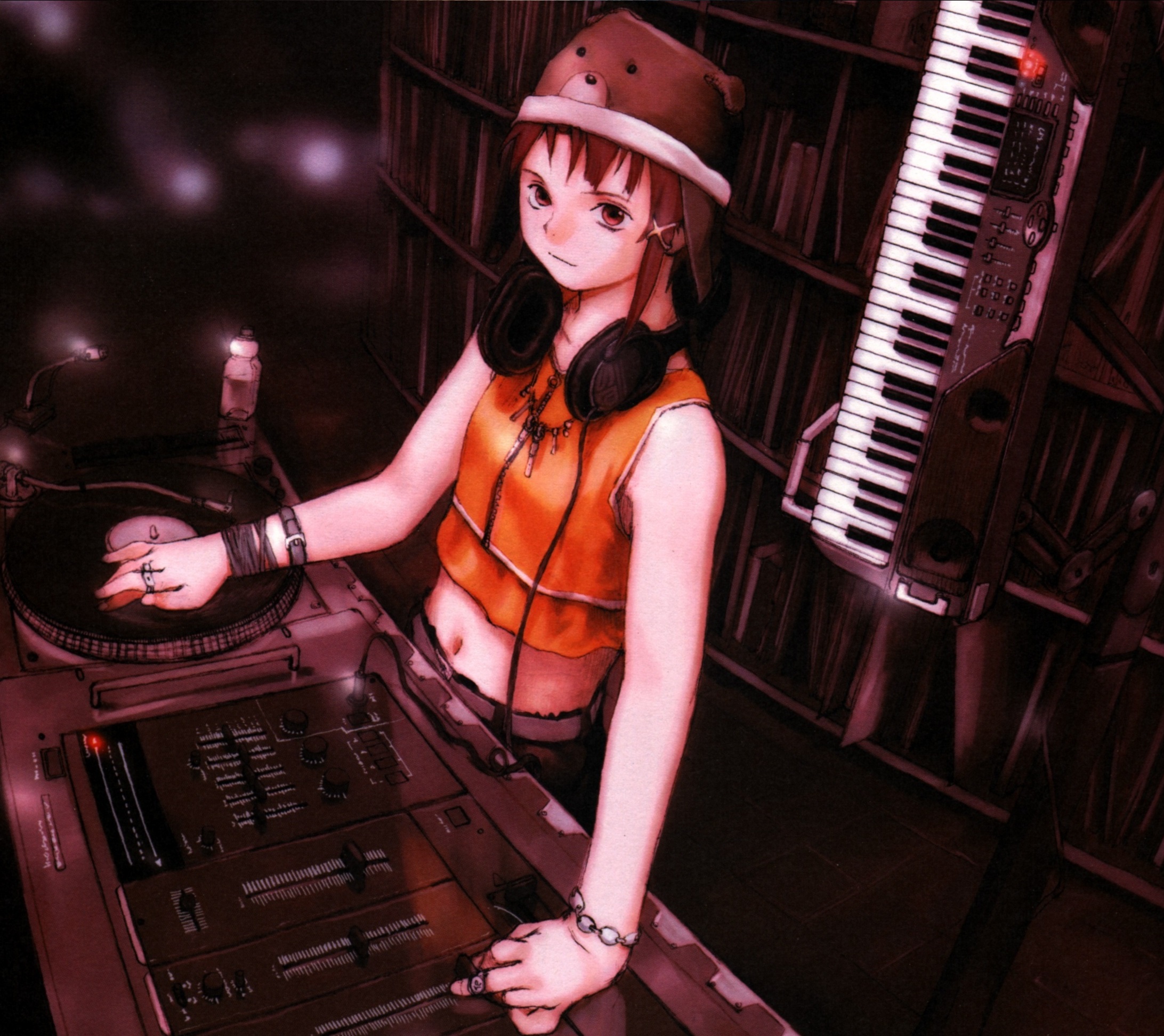 Lain Iwakura DJing with Turntable and Keyboard HD Wallpaper