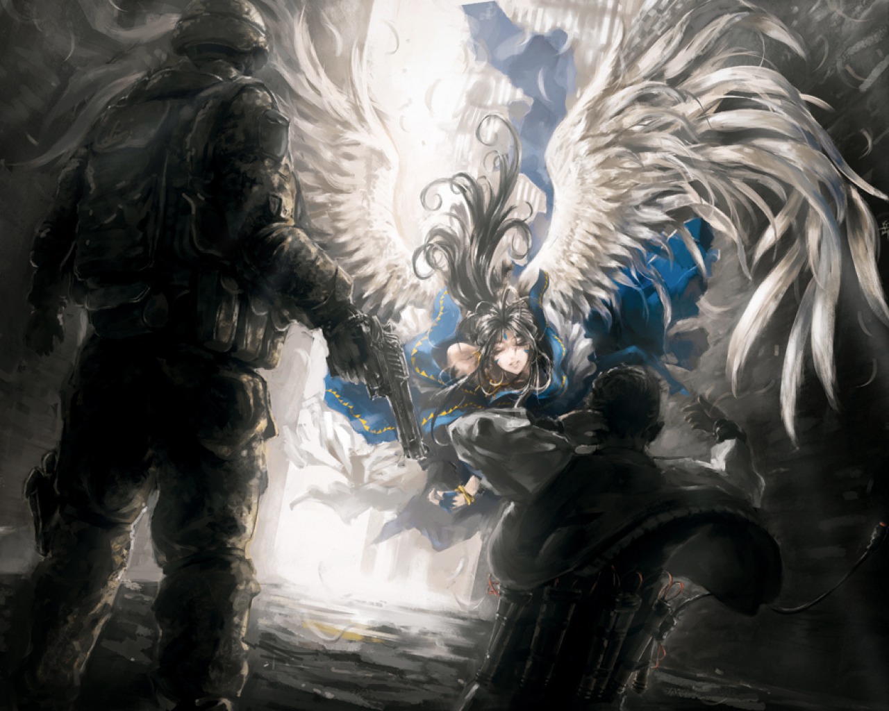 Belldandy from Ah! My Goddess with soldiers HD Wallpaper