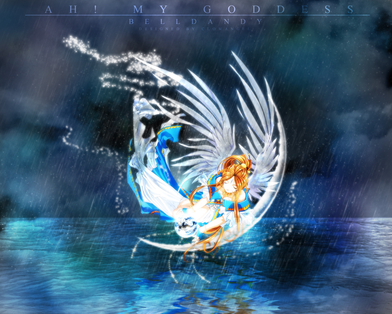 Belldandy from Ah! My Goddess sitting on a crescent moon HD Wallpaper