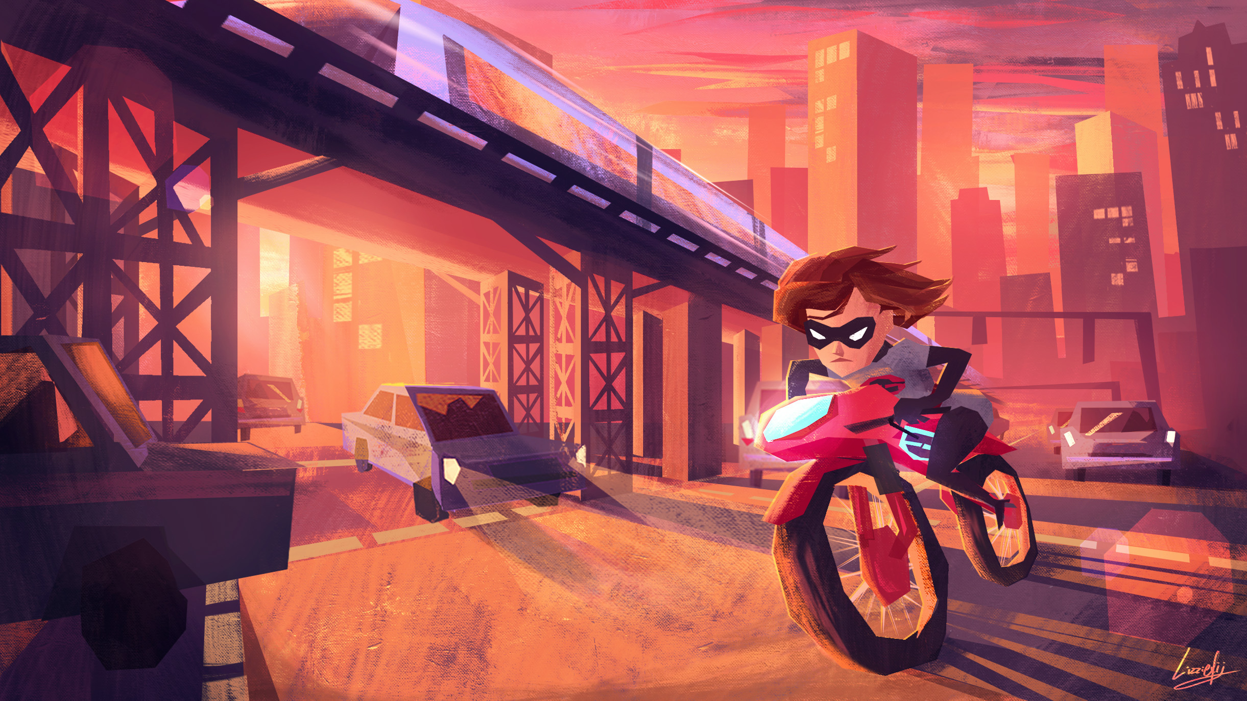 Elastigirl on a motorcycle in a city HD Wallpaper