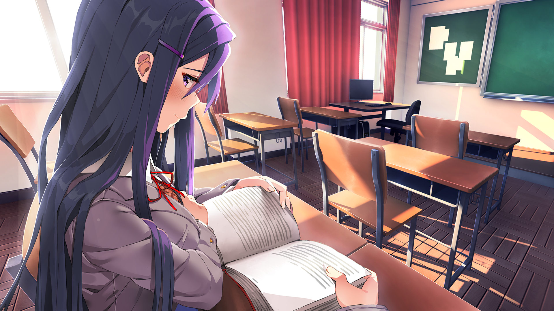 Yuri from Doki Doki Literature Club! reading in a classroom HD Wallpaper