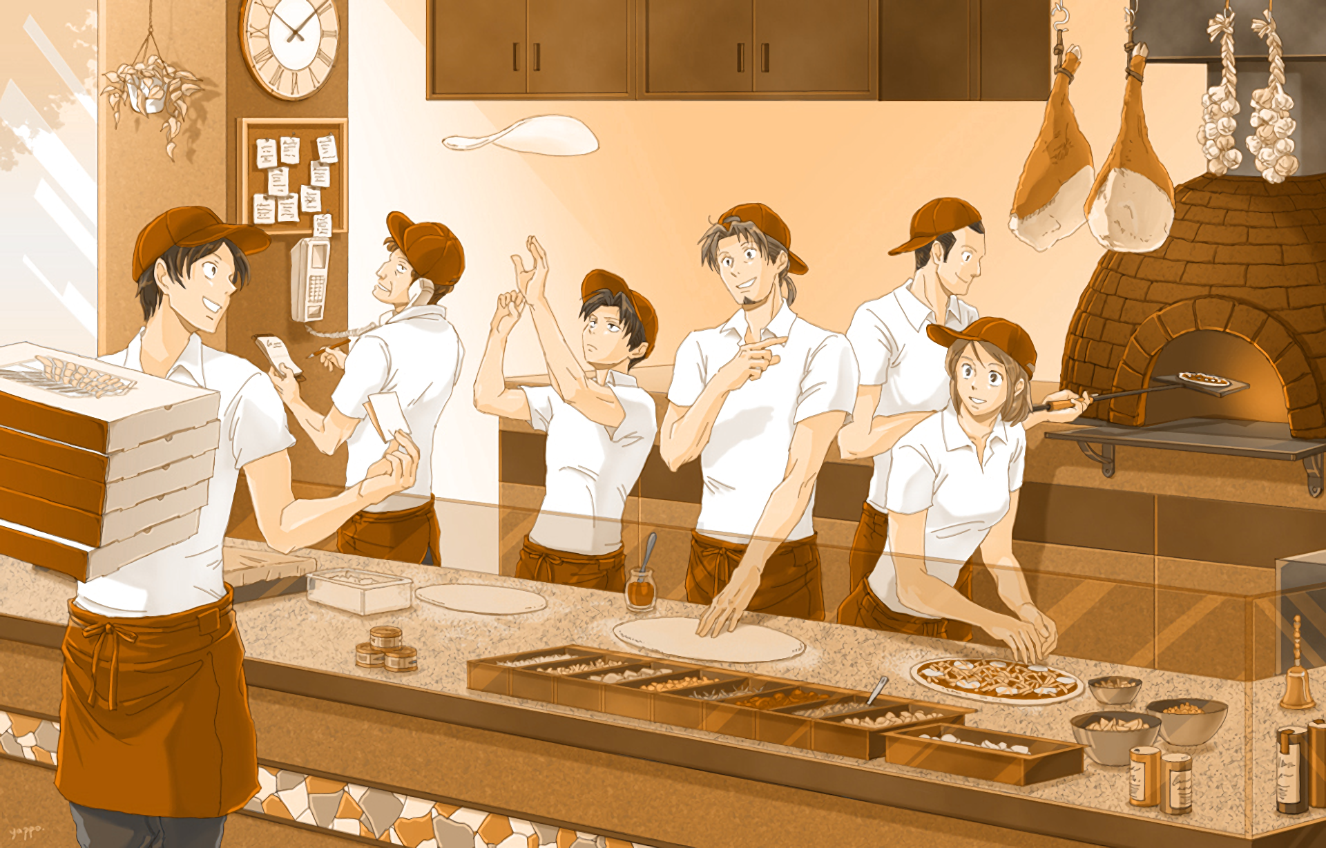 Pizza restaurant staff preparing pizzas HD Wallpaper