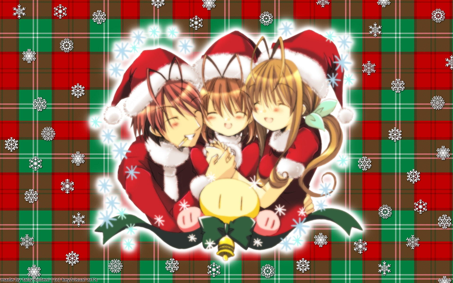Three anime characters in Santa hats HD Wallpaper